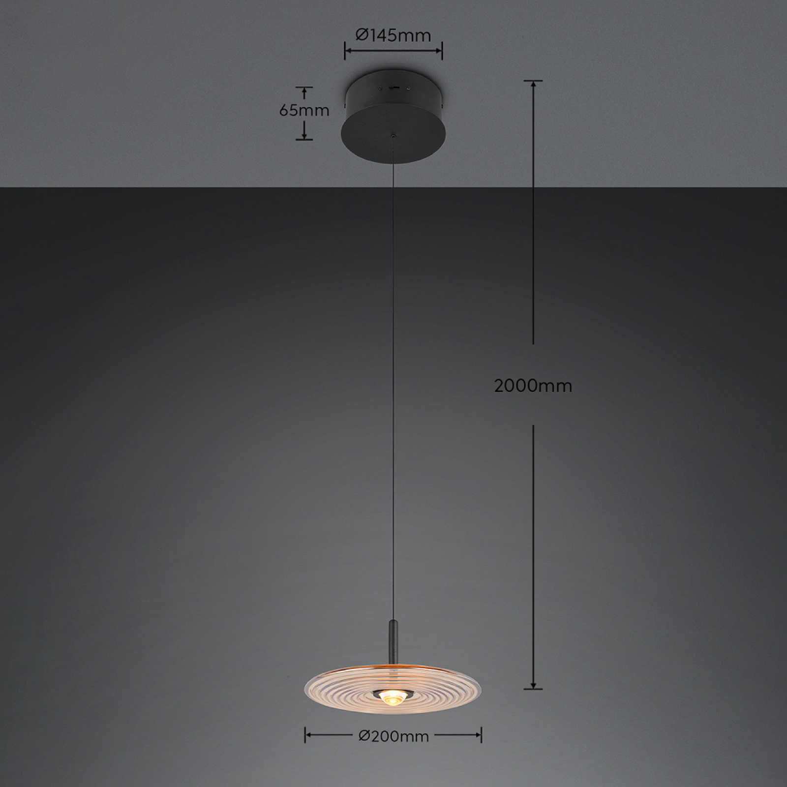 LED висяща лампа „Sirena“, черно/кехлибарено, Ø 20 см, стъкло, CCT LED висяща лампа „Sirena“, черно/кехлибарено, Ø 20 см, стъкло, CCT