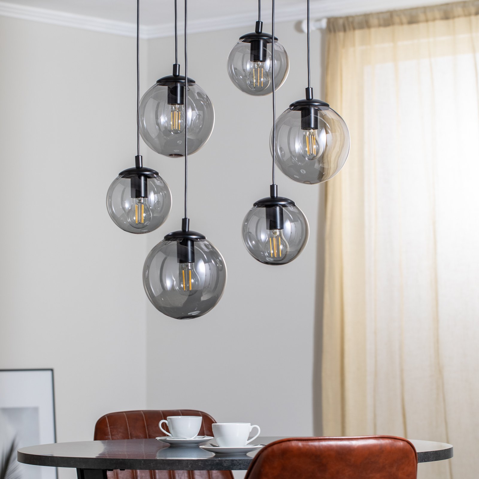 Smoky pendant light, glass lampshades, 6-bulb