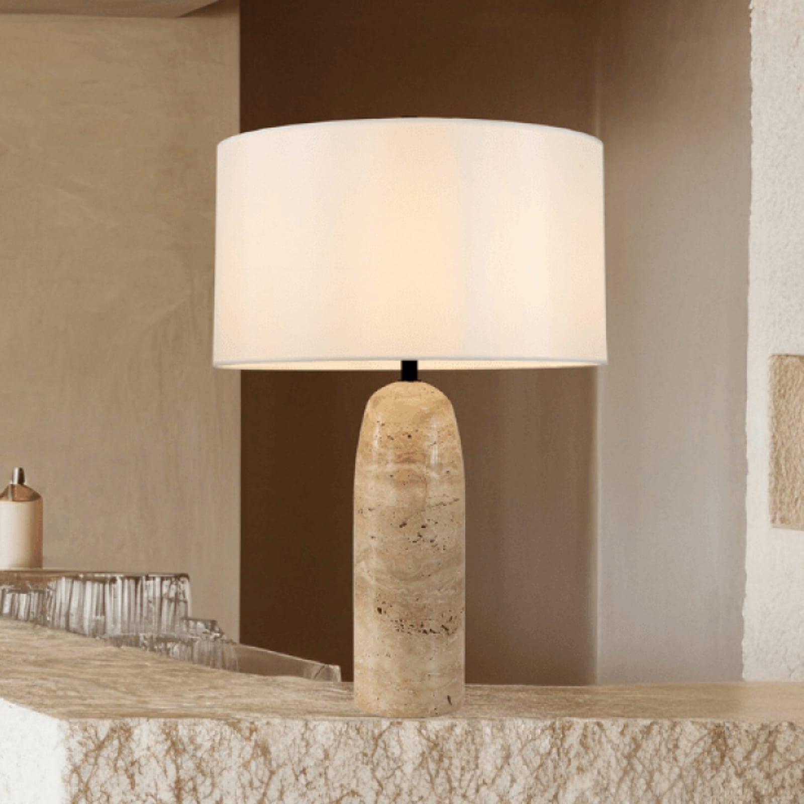Pöytävalaisin 25428, beige/valkoinen, korkeus 55 cm, kivi/tekstiili, E27