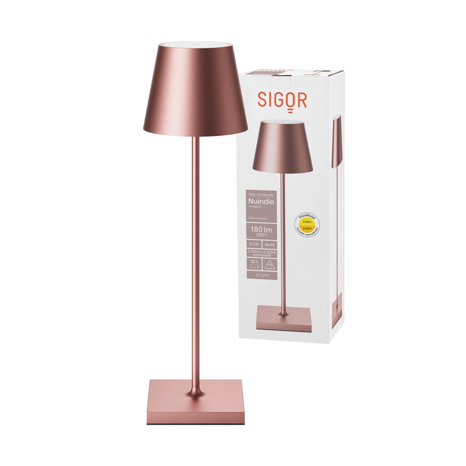 Nuindie LED genopladelig bordlampe, USB-C, rosaguld, IP54, dæmpbar