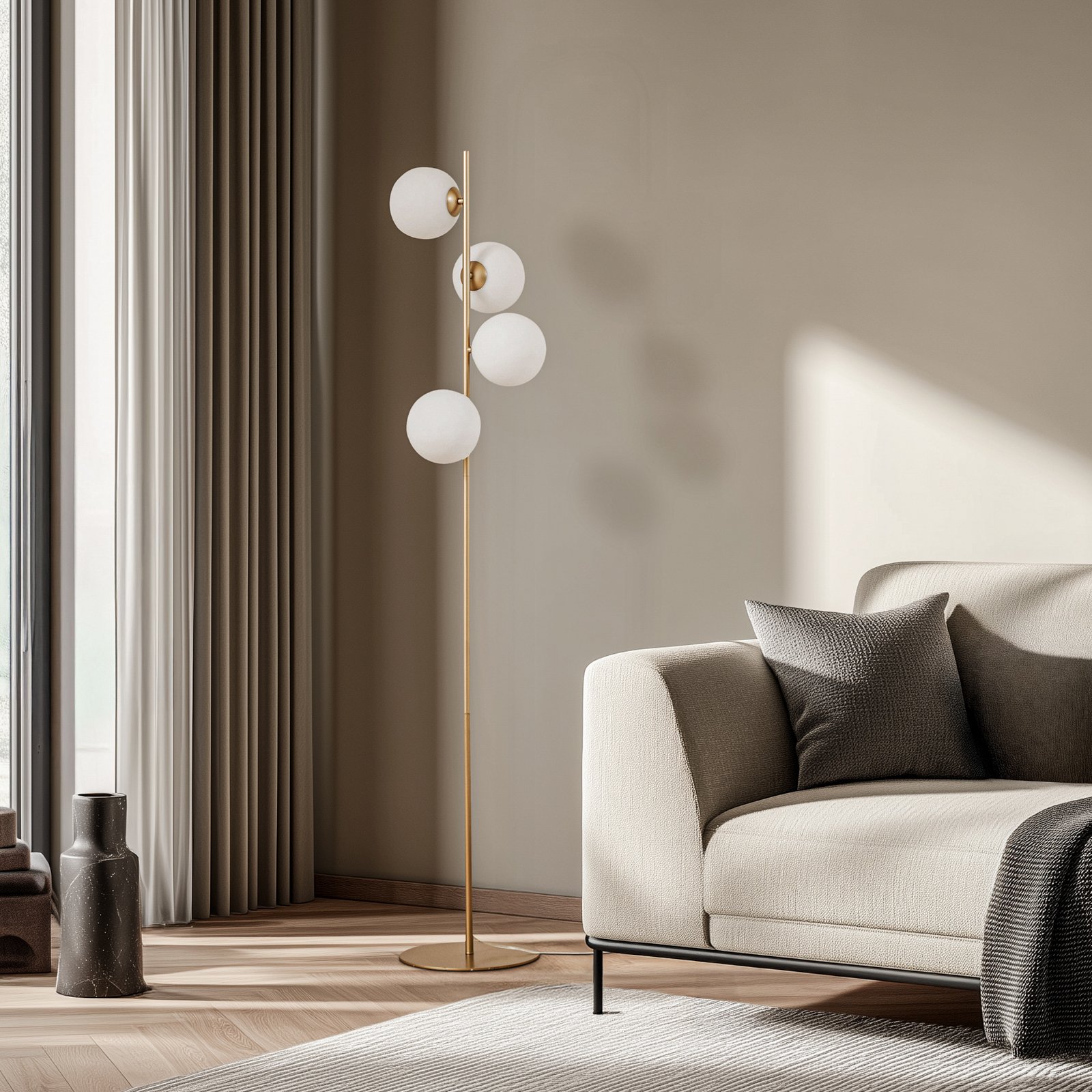 Lucande Floor lamp, opal/gold, metal