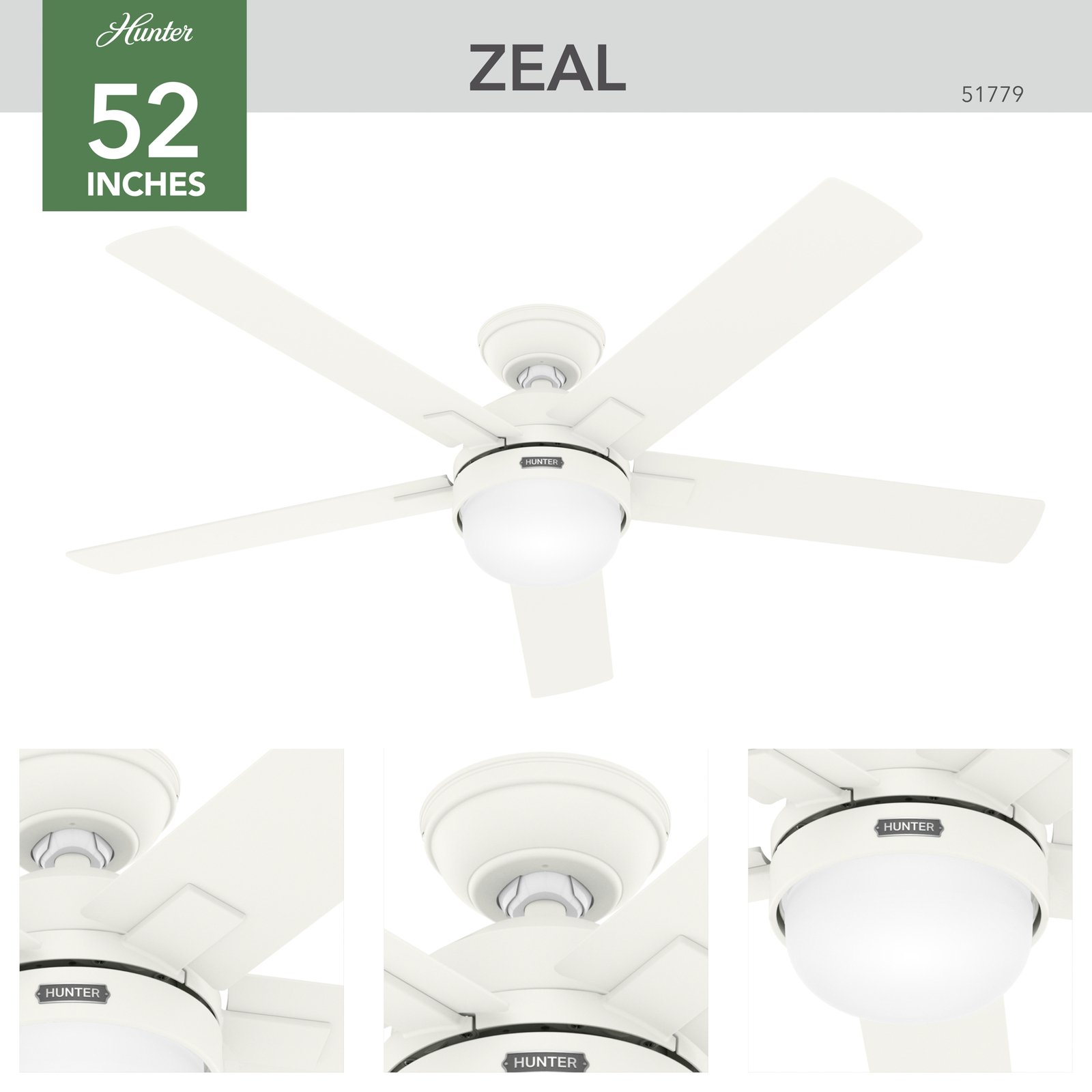 Hunter Zeal stropný ventilátor AC lampa E27 biela