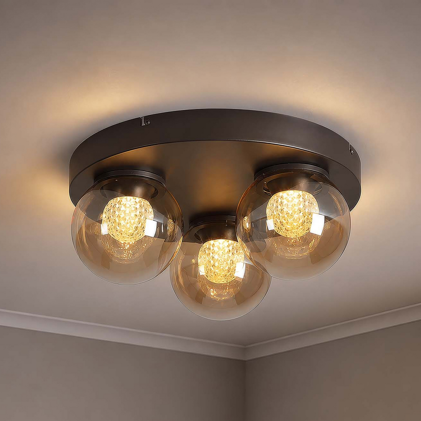 Plafón LED Solis, 3 luces, redonda, color bronce, cristal, 2.700 K
