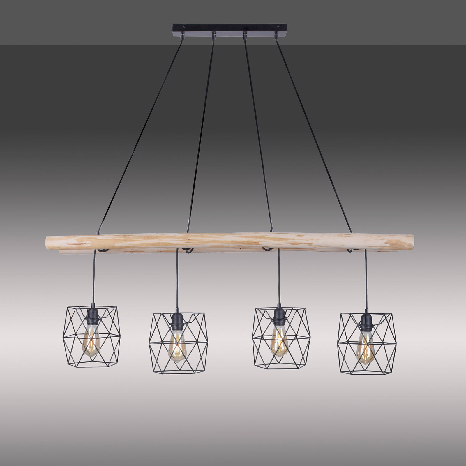 Edgar hanging light, wood, 4-bulb cage lampshade