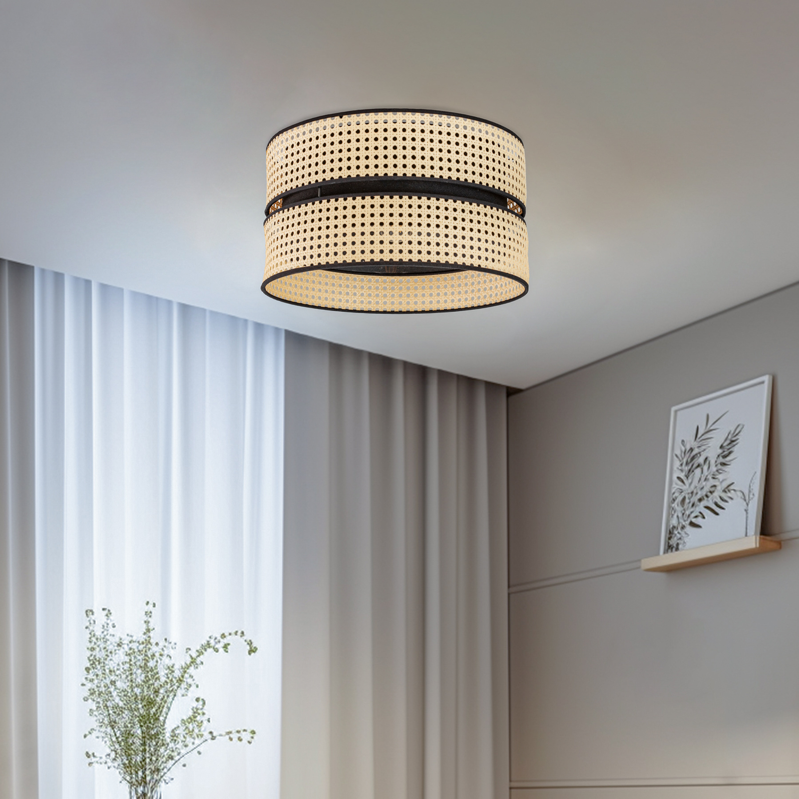 Duo ceiling light, rattan, Ø 40 cm, beige/black