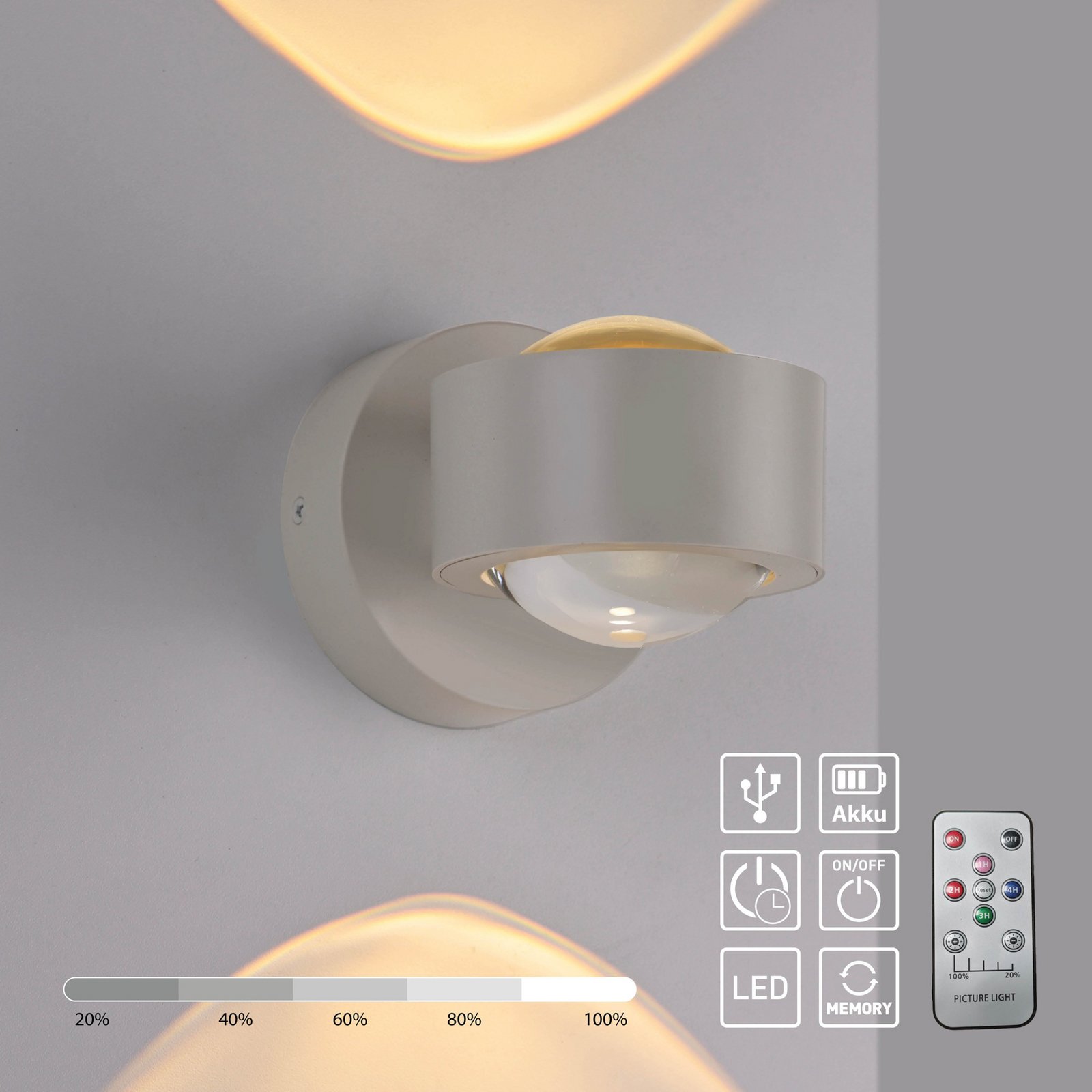 JUST LIGHT. LED wandlamp op accu Chia, zand, ijzer, 3.000 K