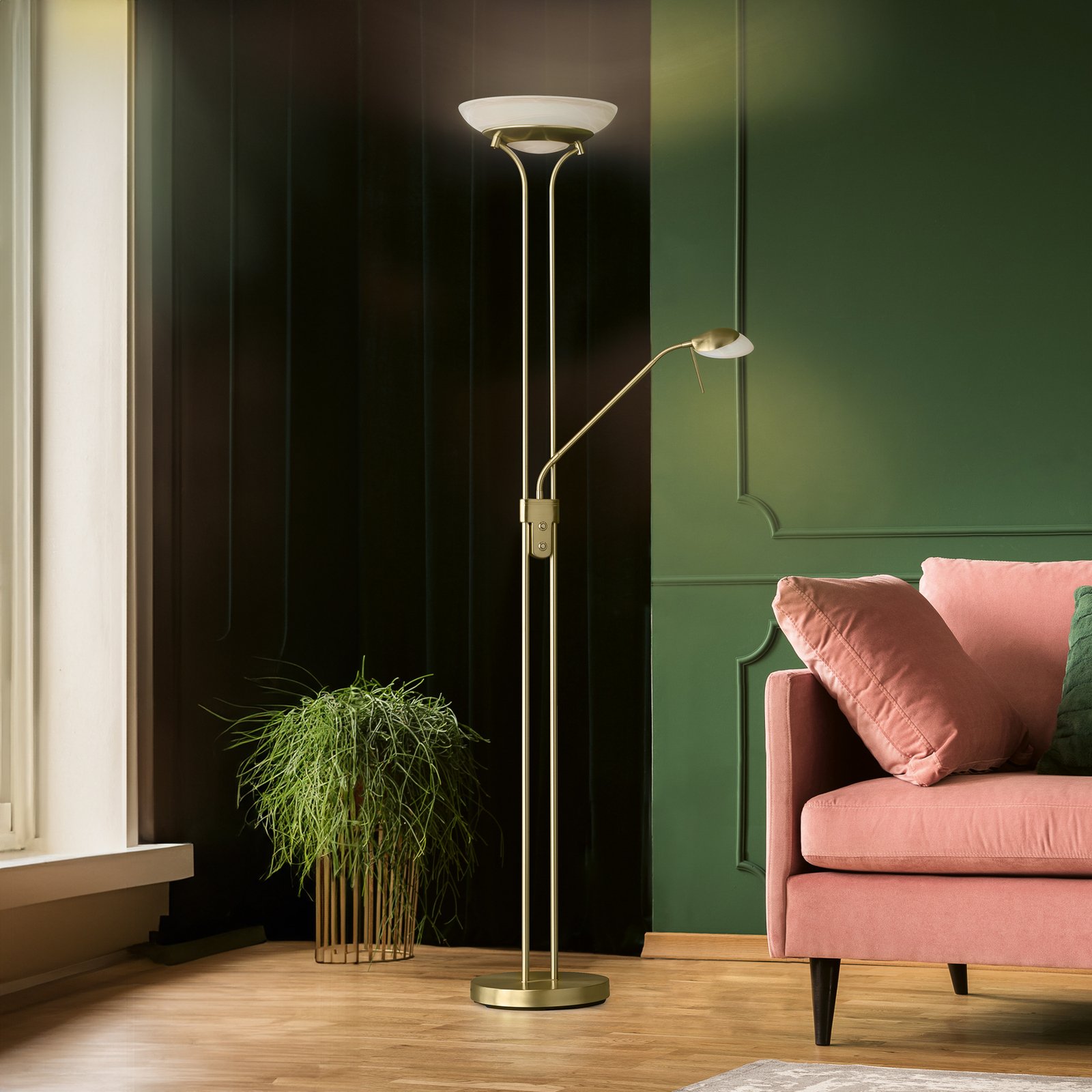 LED floor lamp Pool, brass-coloured, height 182 cm, 2-bulb.