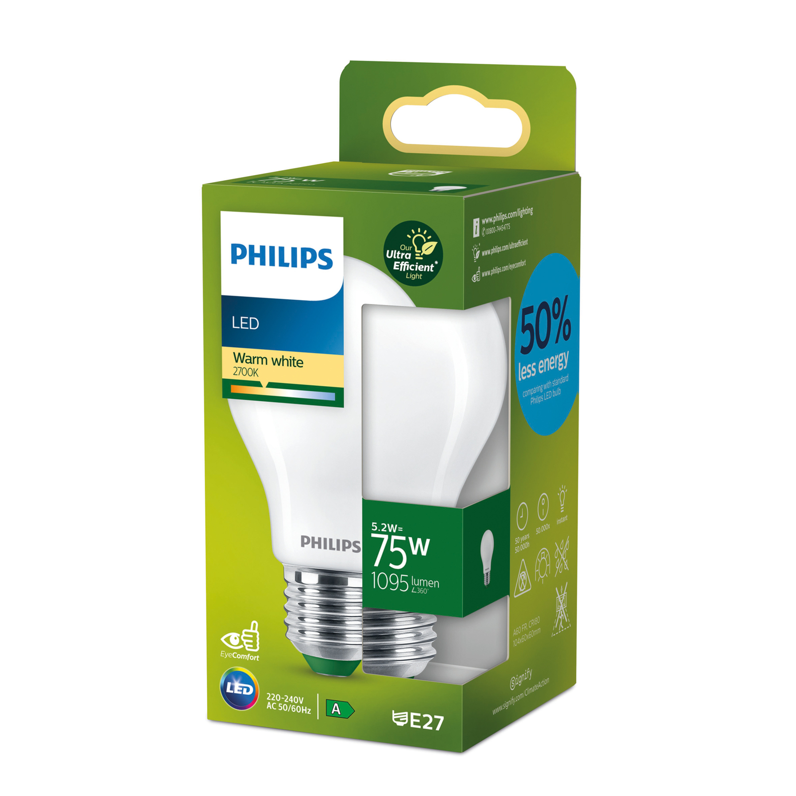 Philips E27 Lamp A60 5.2W 1095lm 2,700K mate