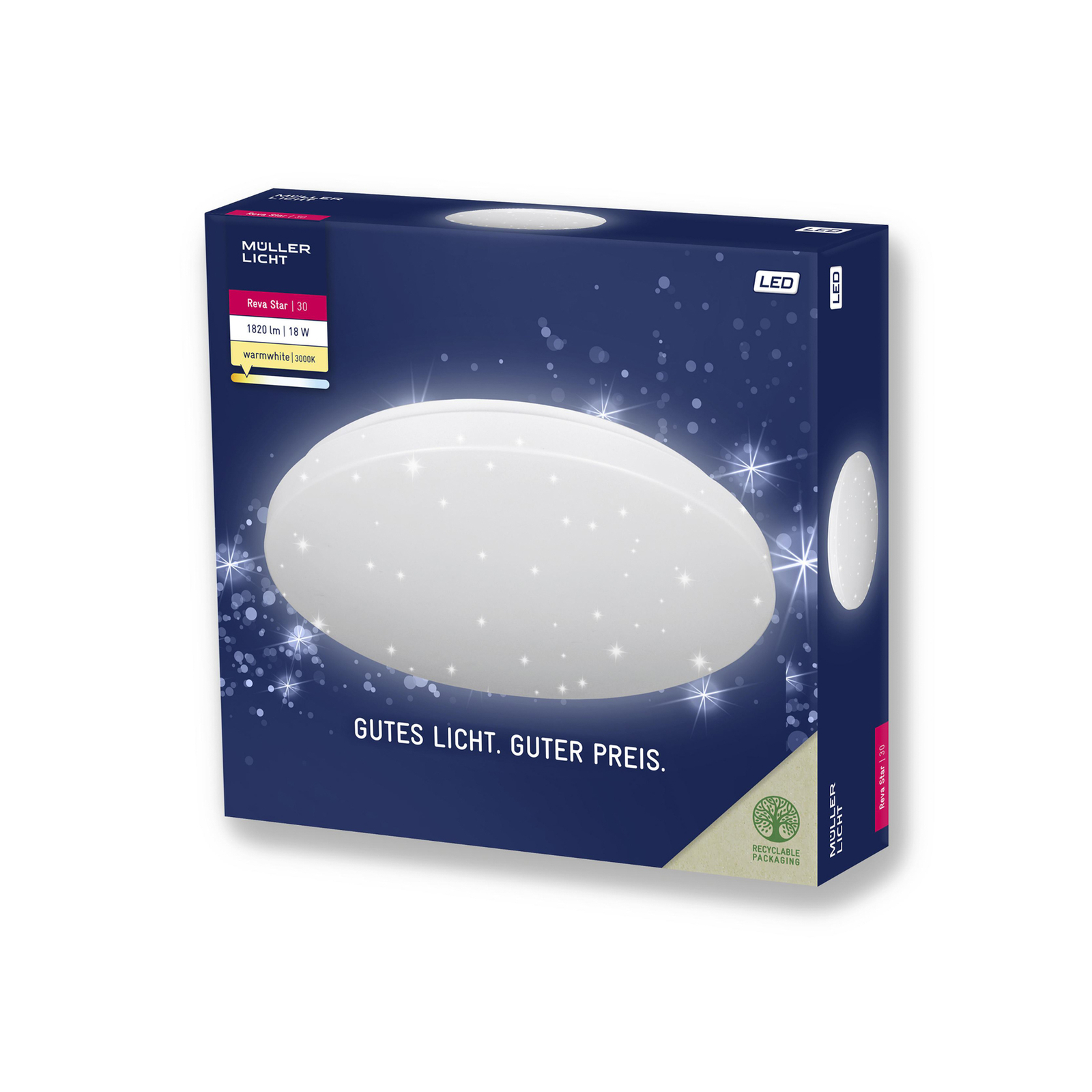 LED griestu gaismeklis Reva Star, Ø 31 cm, balts, plastmasas