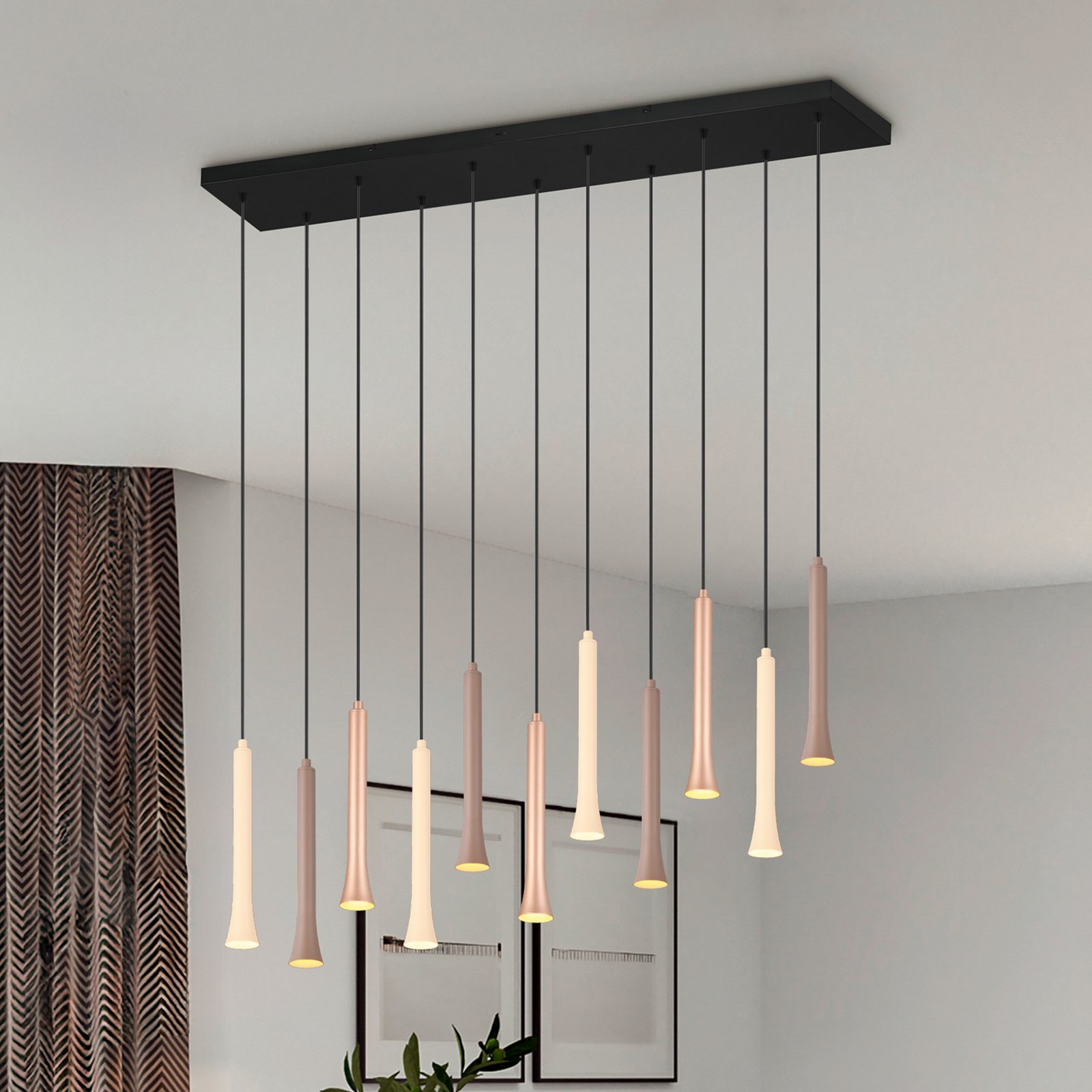 LED-Hängeleuchte Fiato, 11-fl., lang, Metall, taupe, coffee