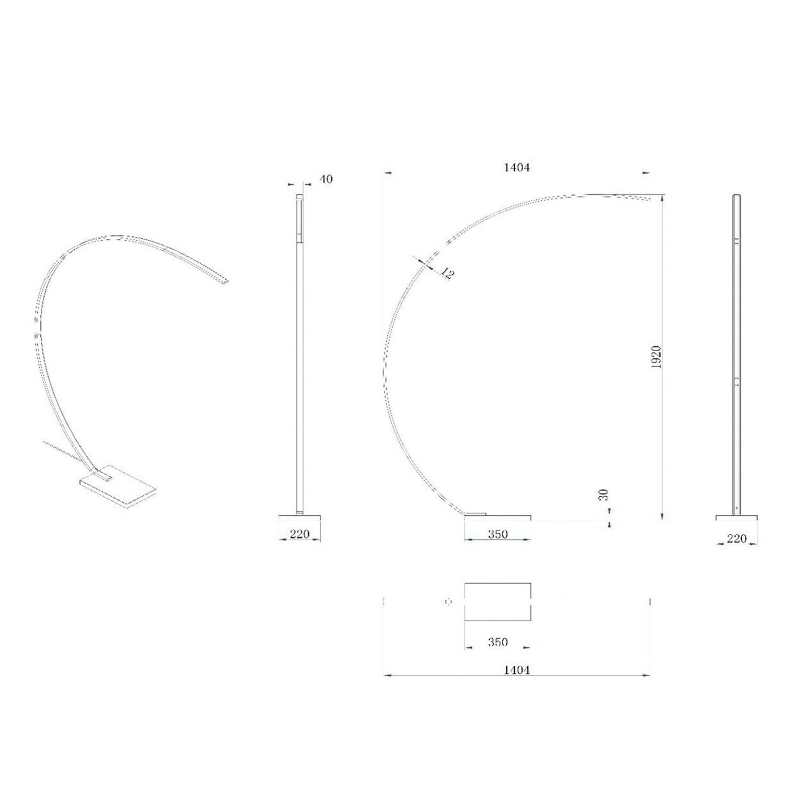 LED-Bogenleuchte Curve, schwarz, Marmor, 192 cm, dimmbar