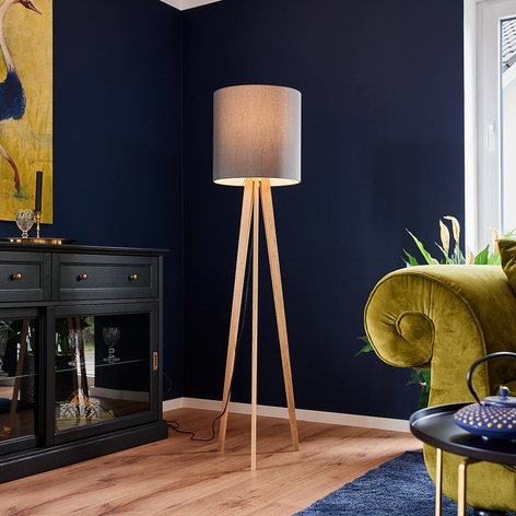 Textiel-vloerlamp Nida met houten frame, grafiet