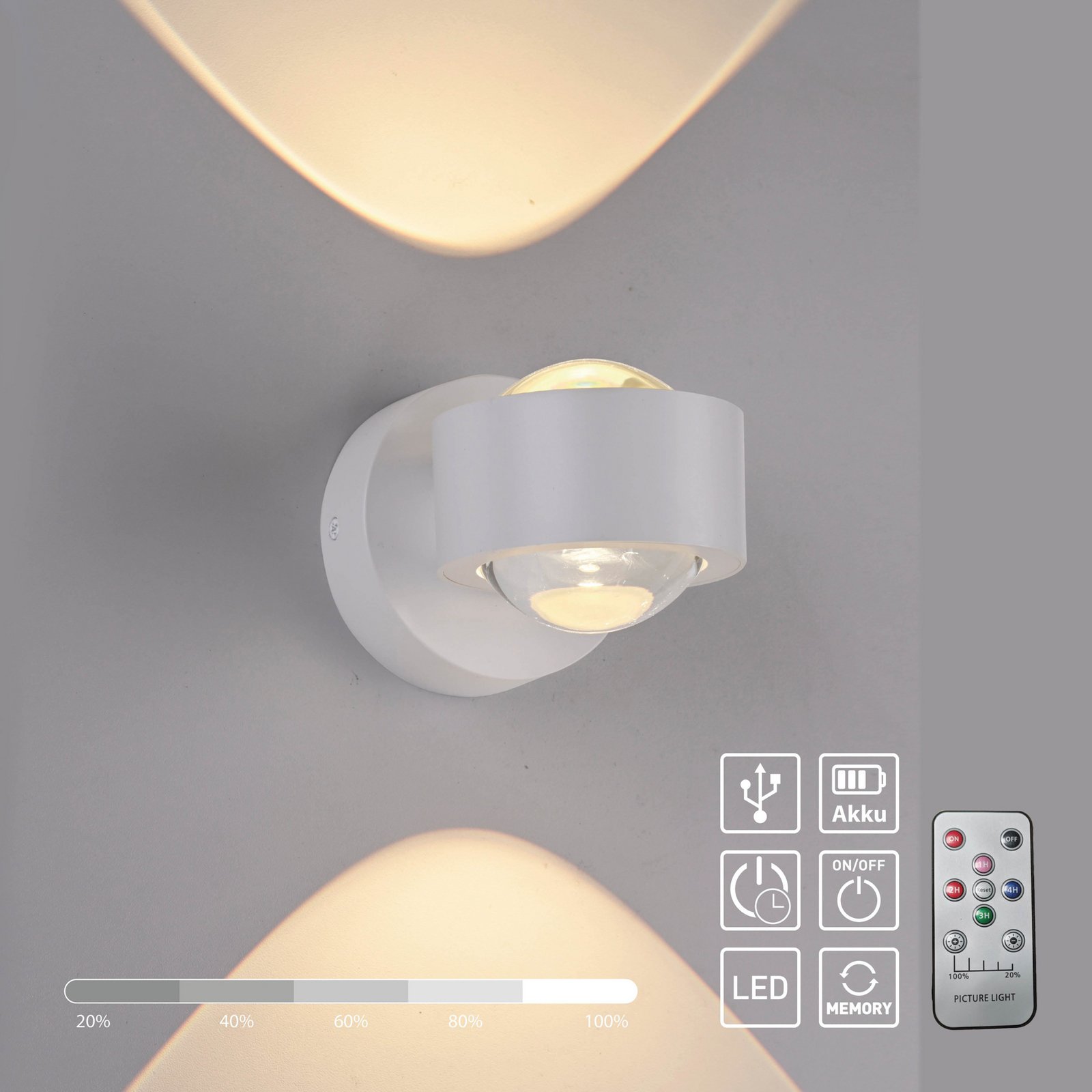 JUST LIGHT. LED wandlamp op accu Chia, wit, ijzer, 3.000 K