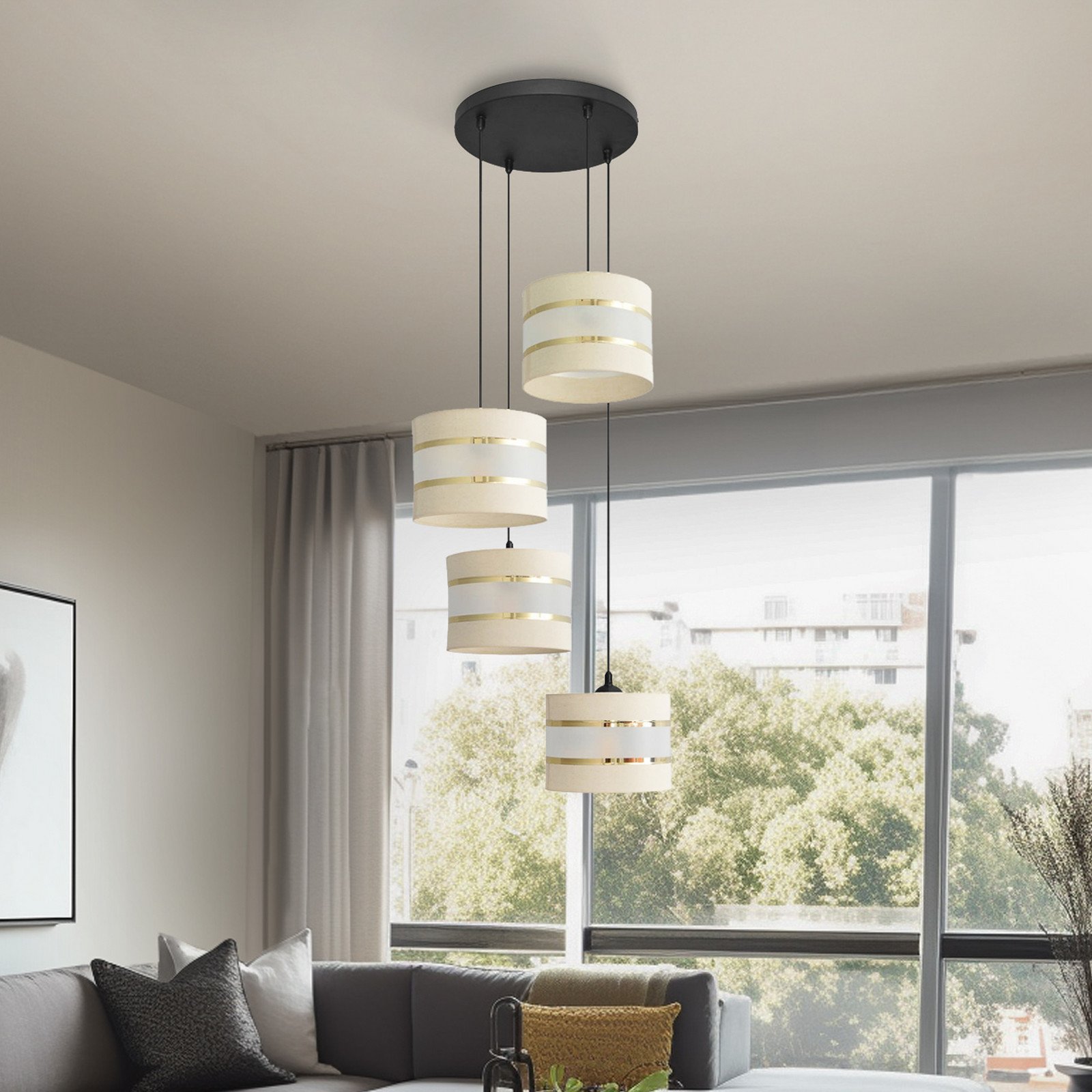 Euluna Lampă suspendată Helen ecru-auriu rotundă cu 4 becuri - Camera de zi / sufragerie - Modern - negru ecru auriu - Țesătură / Textil