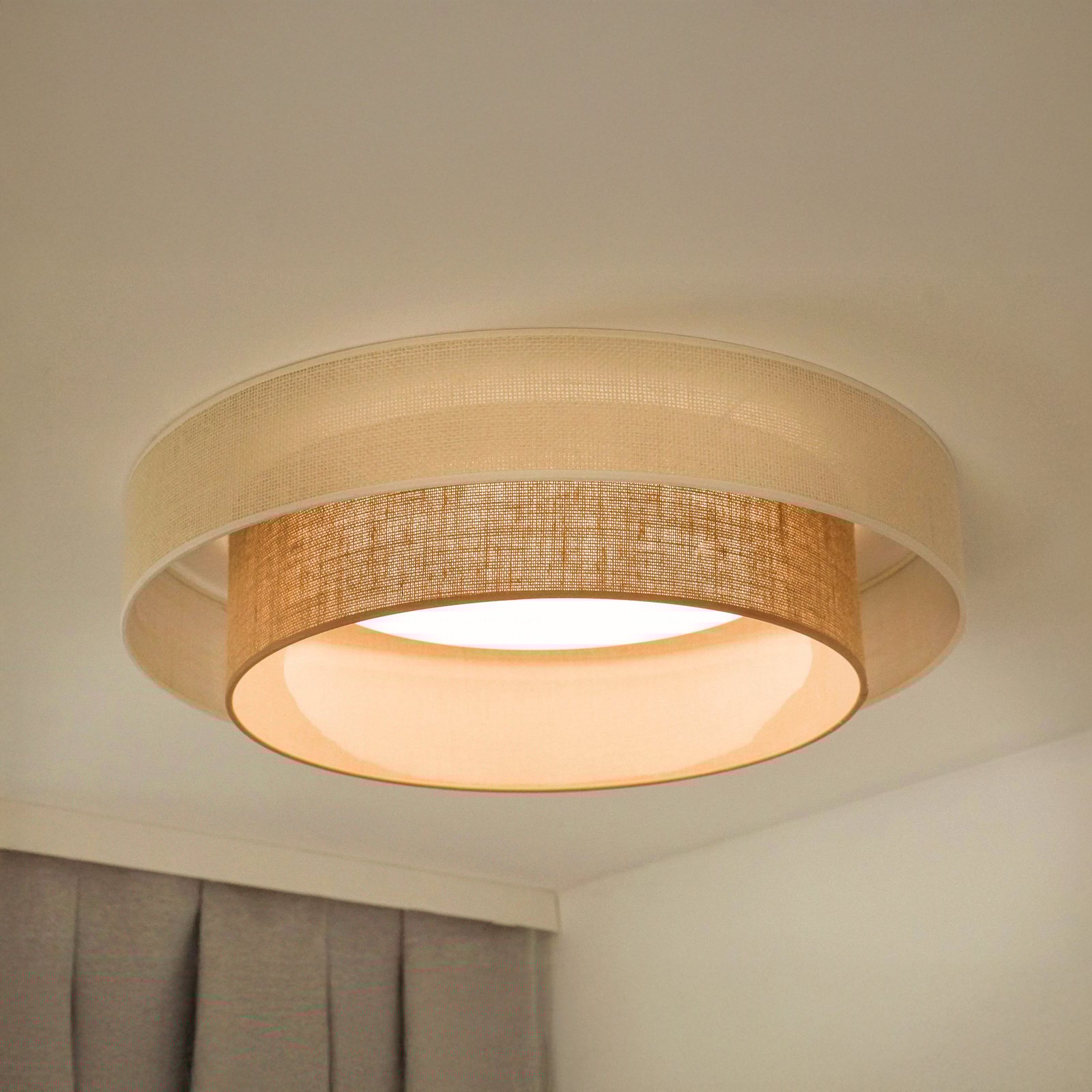 LED griestu gaisma Luneta, džuta, balta/brūna, Ø 60 cm, 3 pakāpju izslēgšana