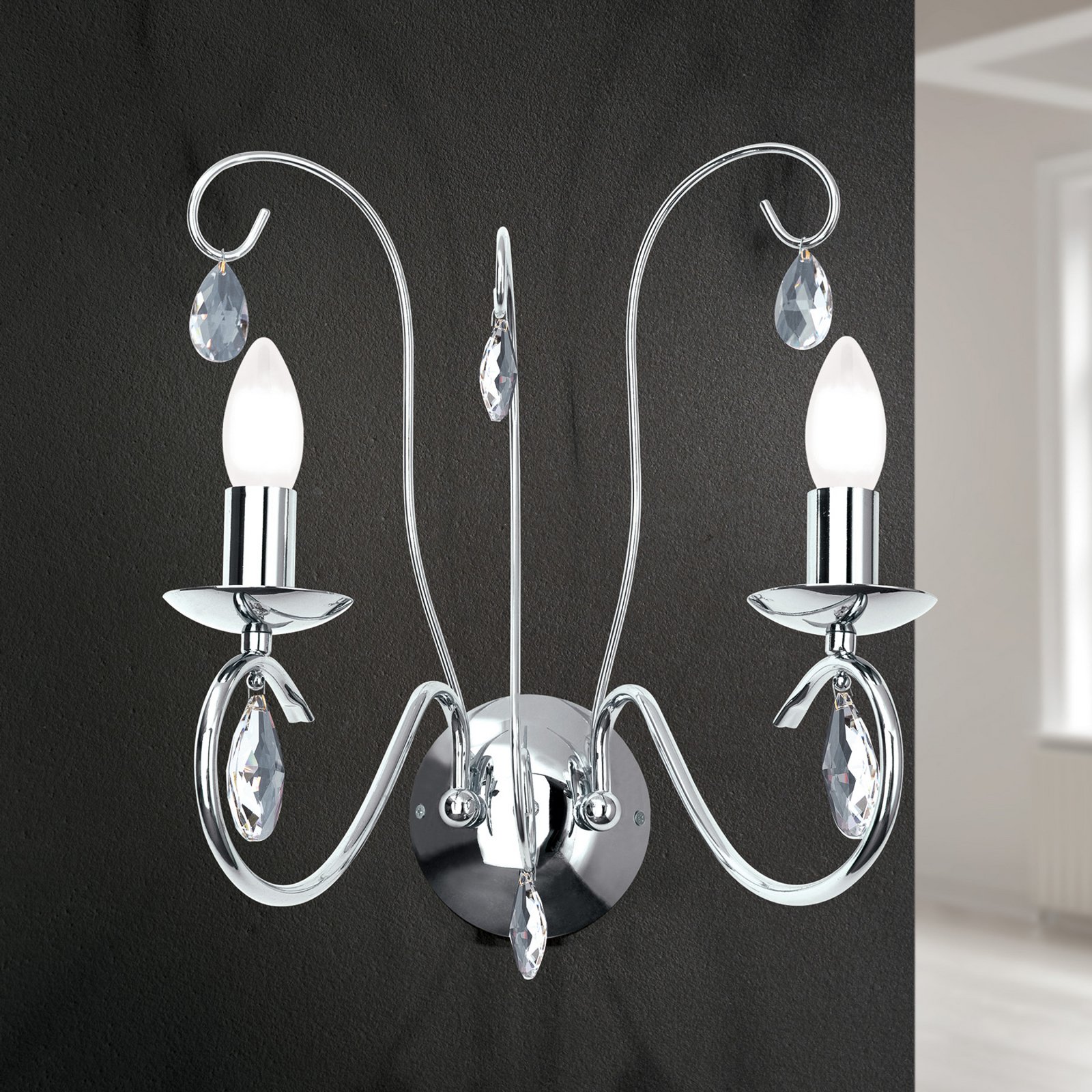 Wall light Alessia 2-bulb crystal glass chrome