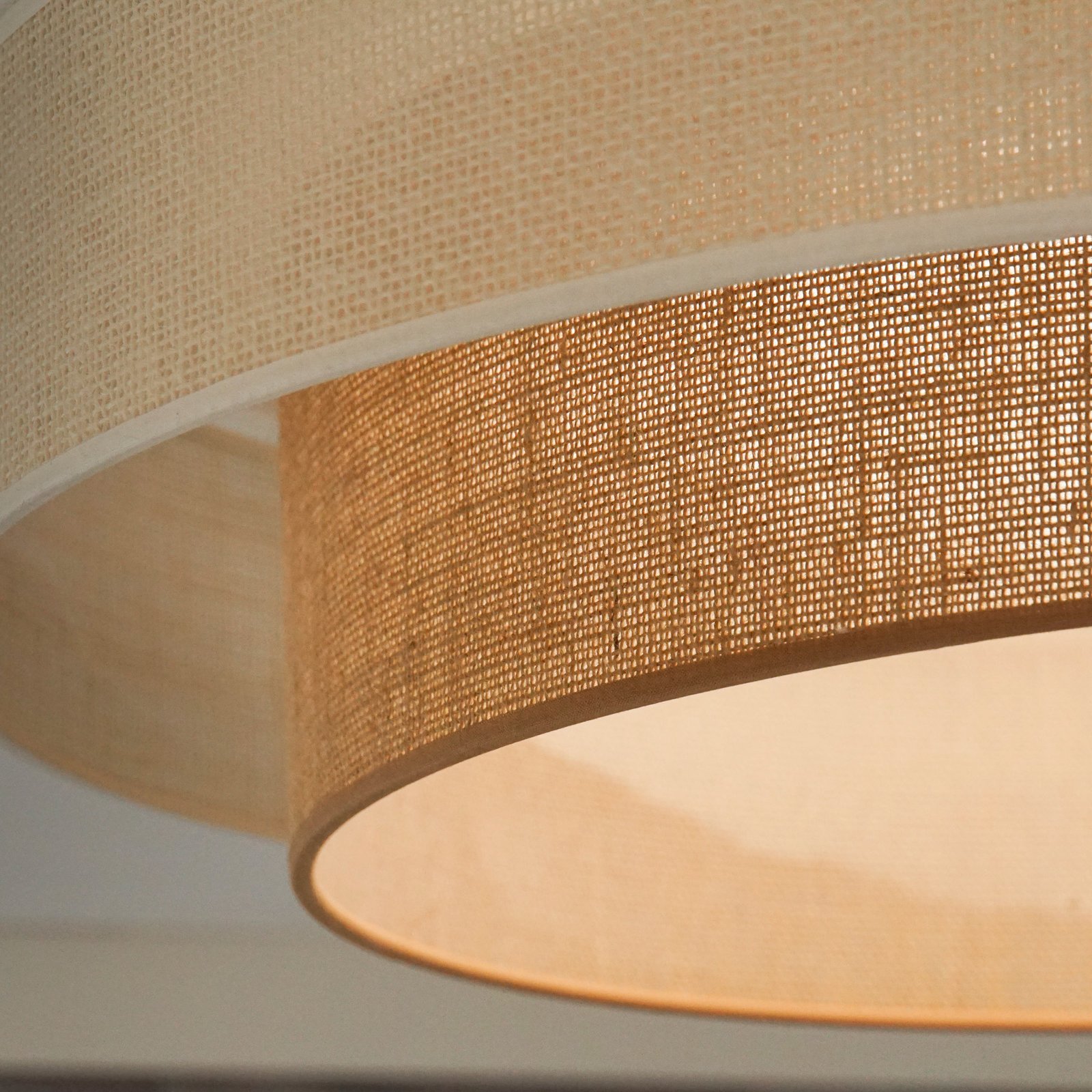 LED griestu gaisma Luneta, džuta, balta/brūna, Ø 60 cm, 3 pakāpju izslēgšana