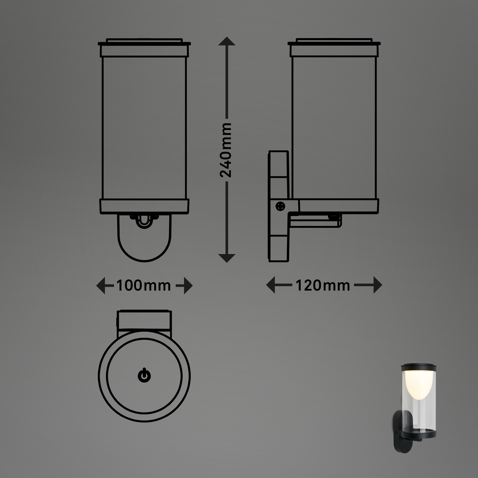 Candeeiro de parede exterior recarregável de LED 3930015, preto, regulador