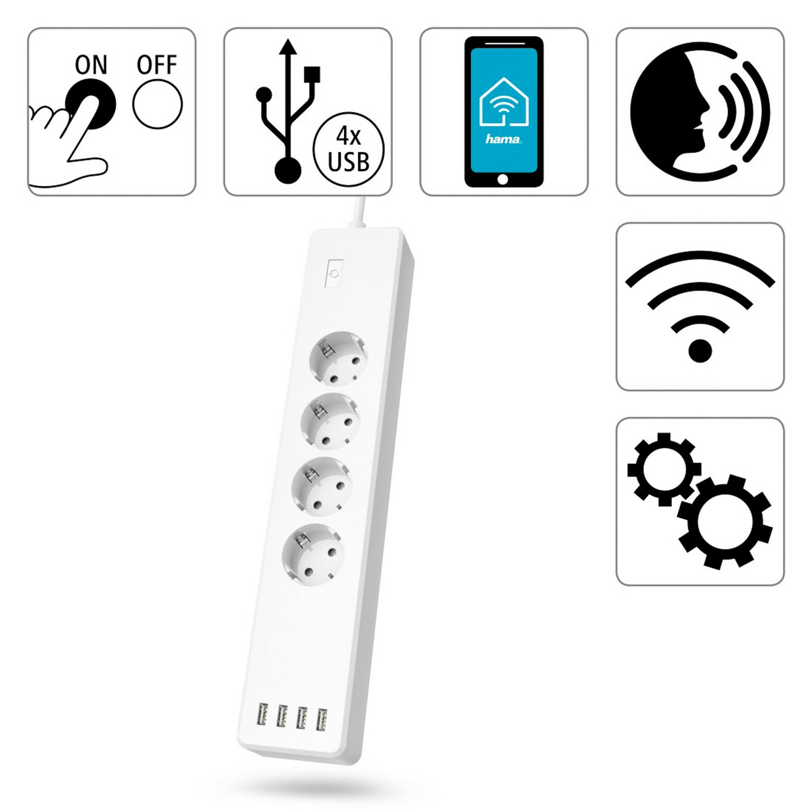 Hama išmanioji elektros lizdų juosta, 4 x 230 V, 4 x USB, WLAN