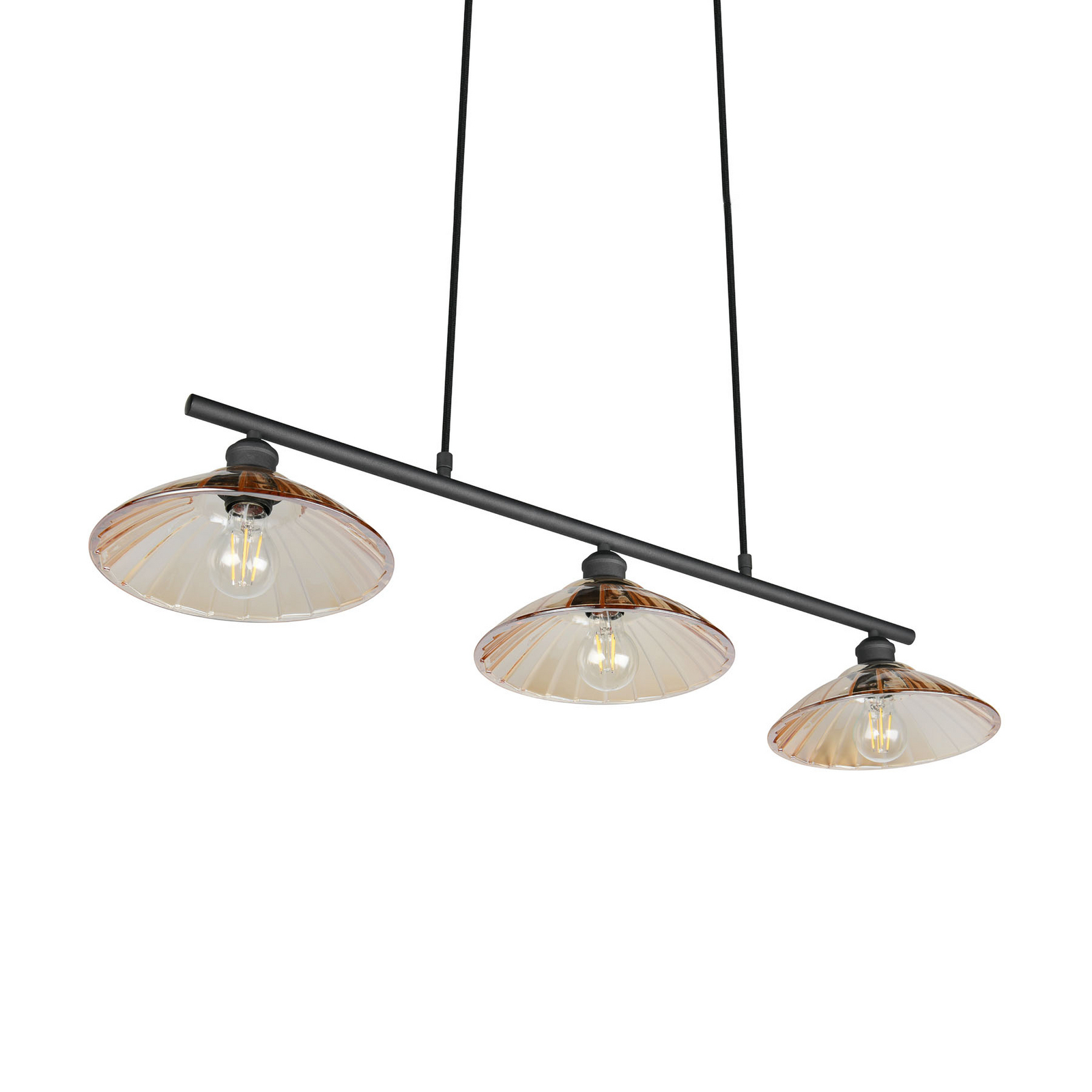Висяща лампа Eluna, кехлибар/черно, 100 см, стъкло/метал, 3-крилна.