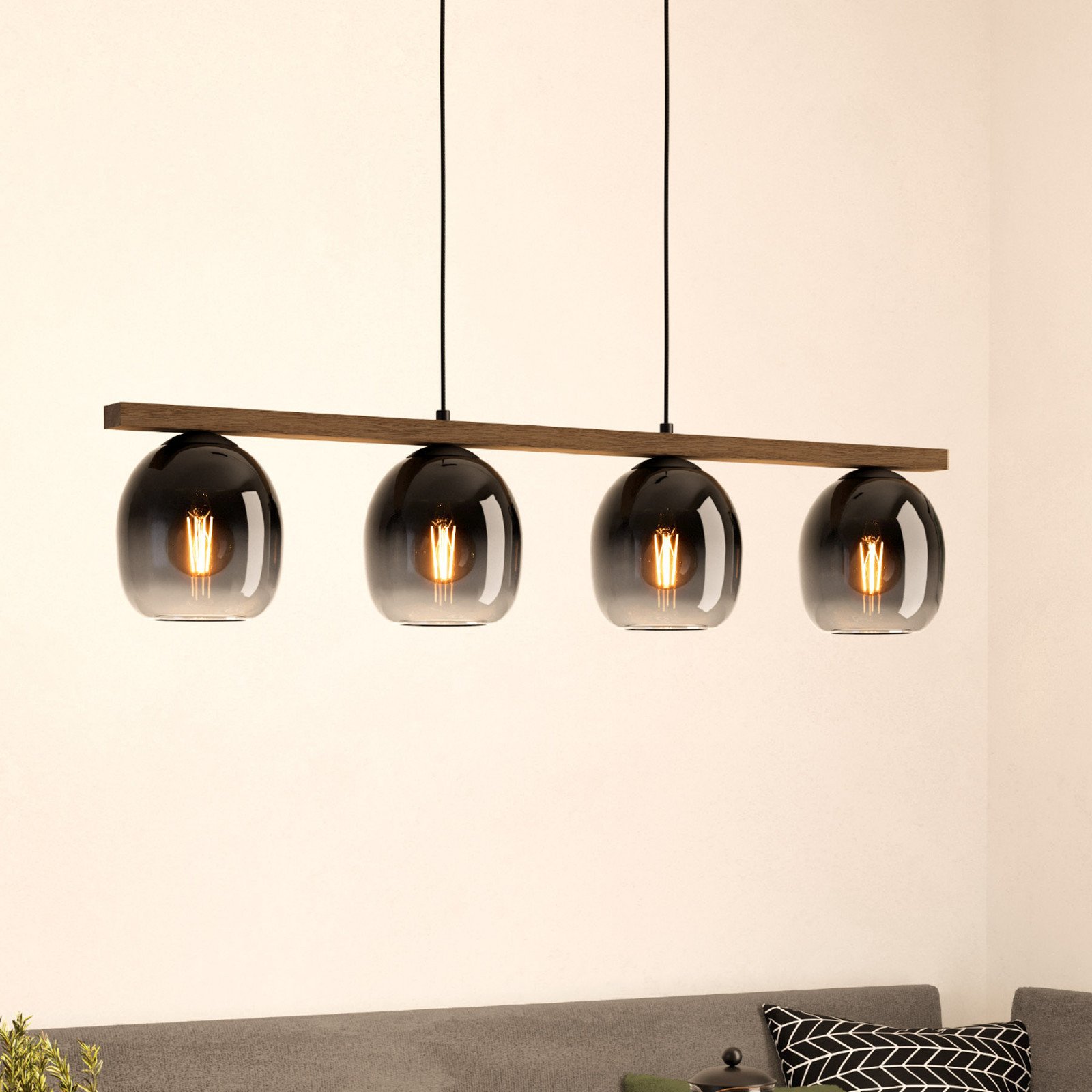EGLO Filago lampă suspendată 4 abajururi sticlă fumurie - Camera de zi / sufragerie - Modern - gri fumuriu transparent lemn culoare închisă negru