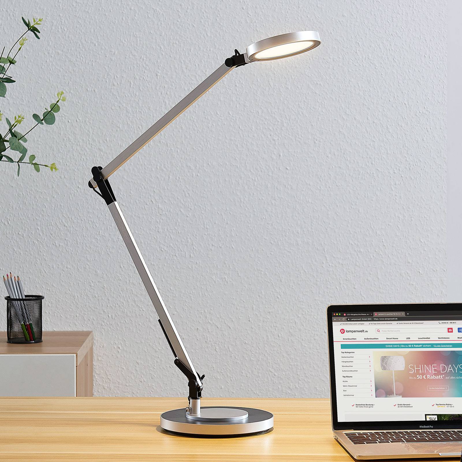 Lindby Rilana LED desk lamp with dimmer, silver, for Workroom / Office, plastic, metal, 10 W, W: 12 cm, H: 46.5 cm