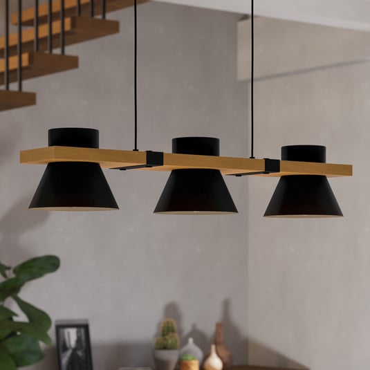 Hängeleuchte Maccles in Schwarz mit Holz, 3-fl.