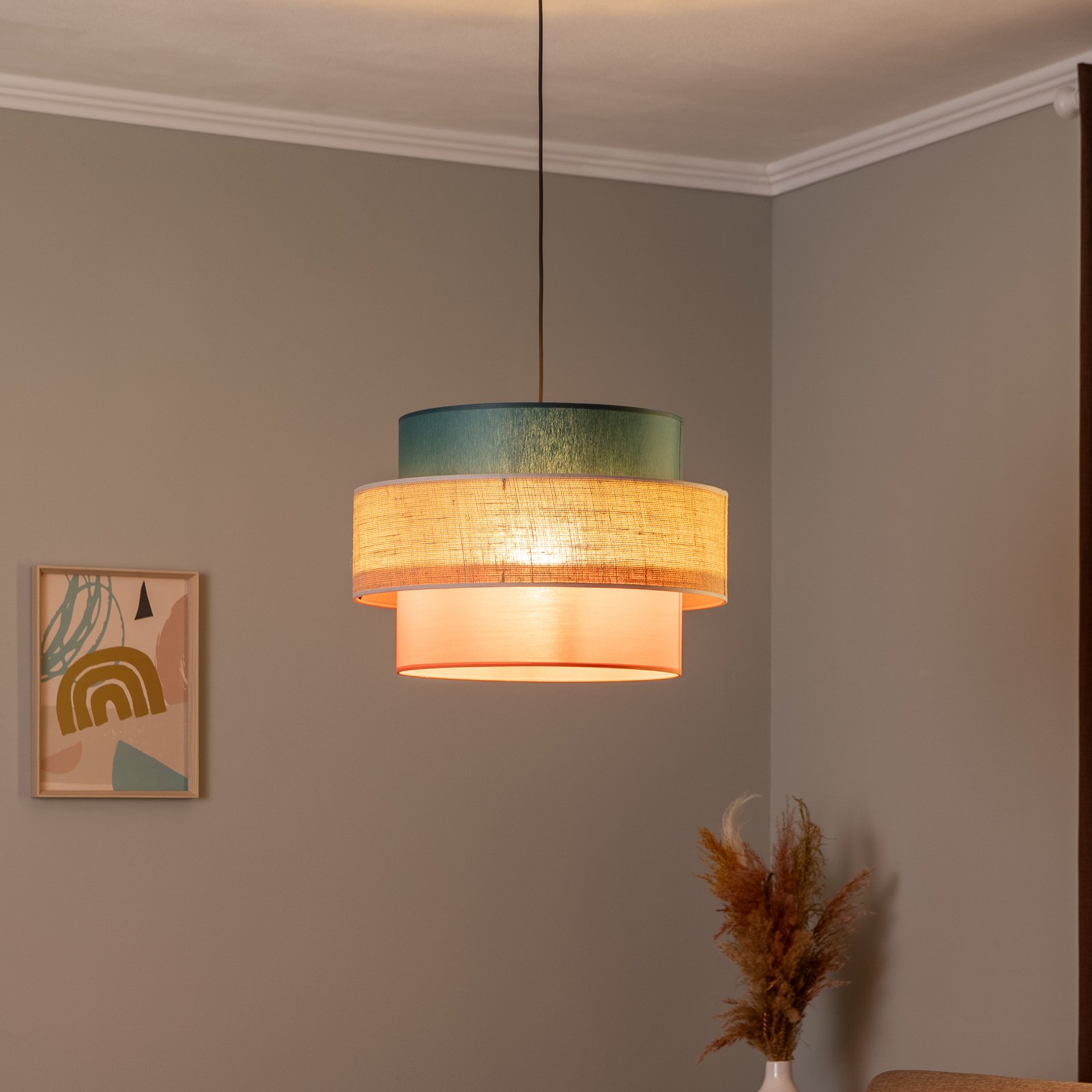 Trio hanging light, jute shade, petrol/natural brown/orange Ø 50cm