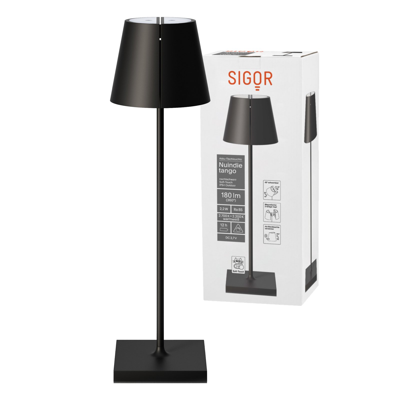 Nuindie tango lámpara de mesa LED recargable, negra, IP20, atenuable