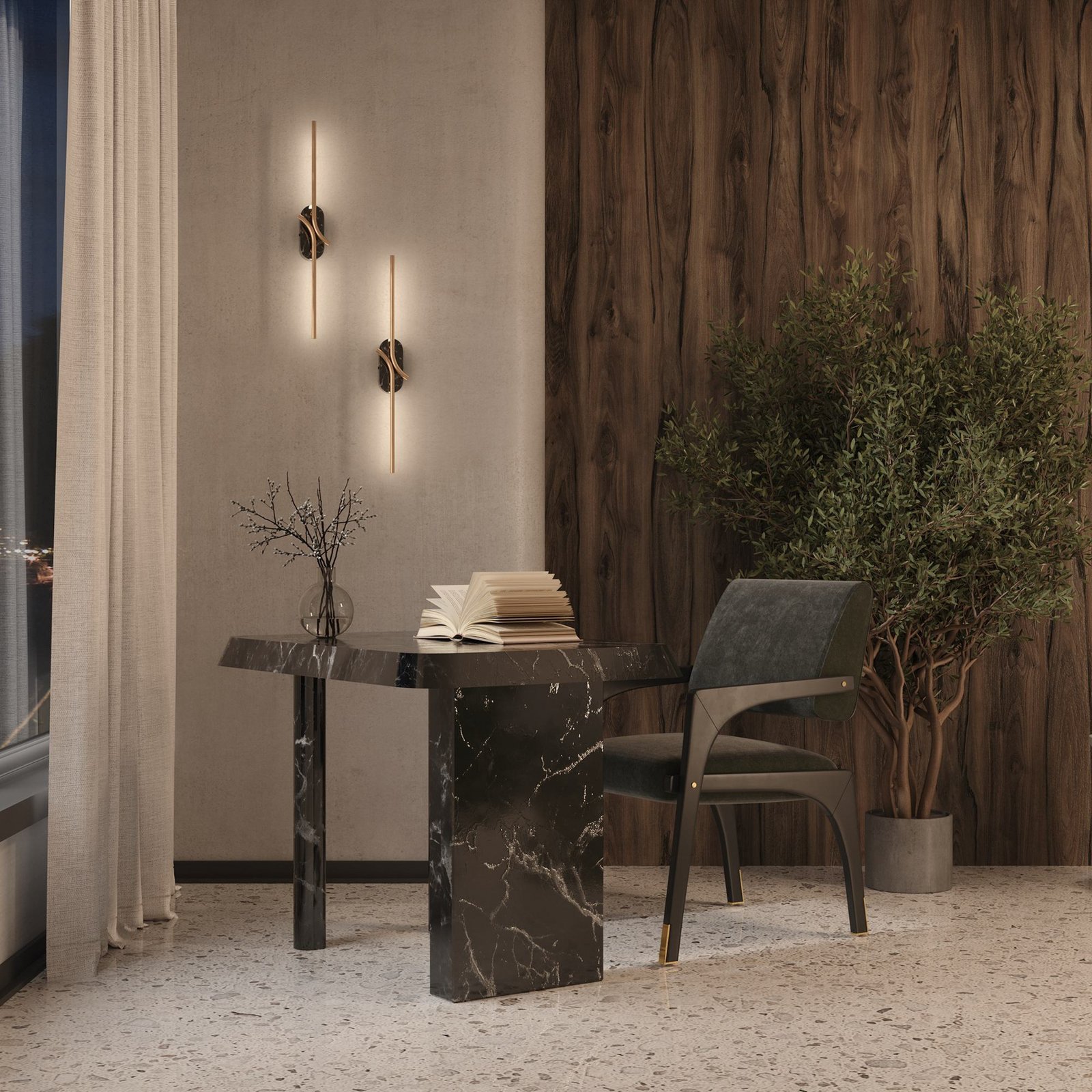 Aplique de pared LED RENAISSANCE, latón/negro, altura 63 cm, 2 luces.