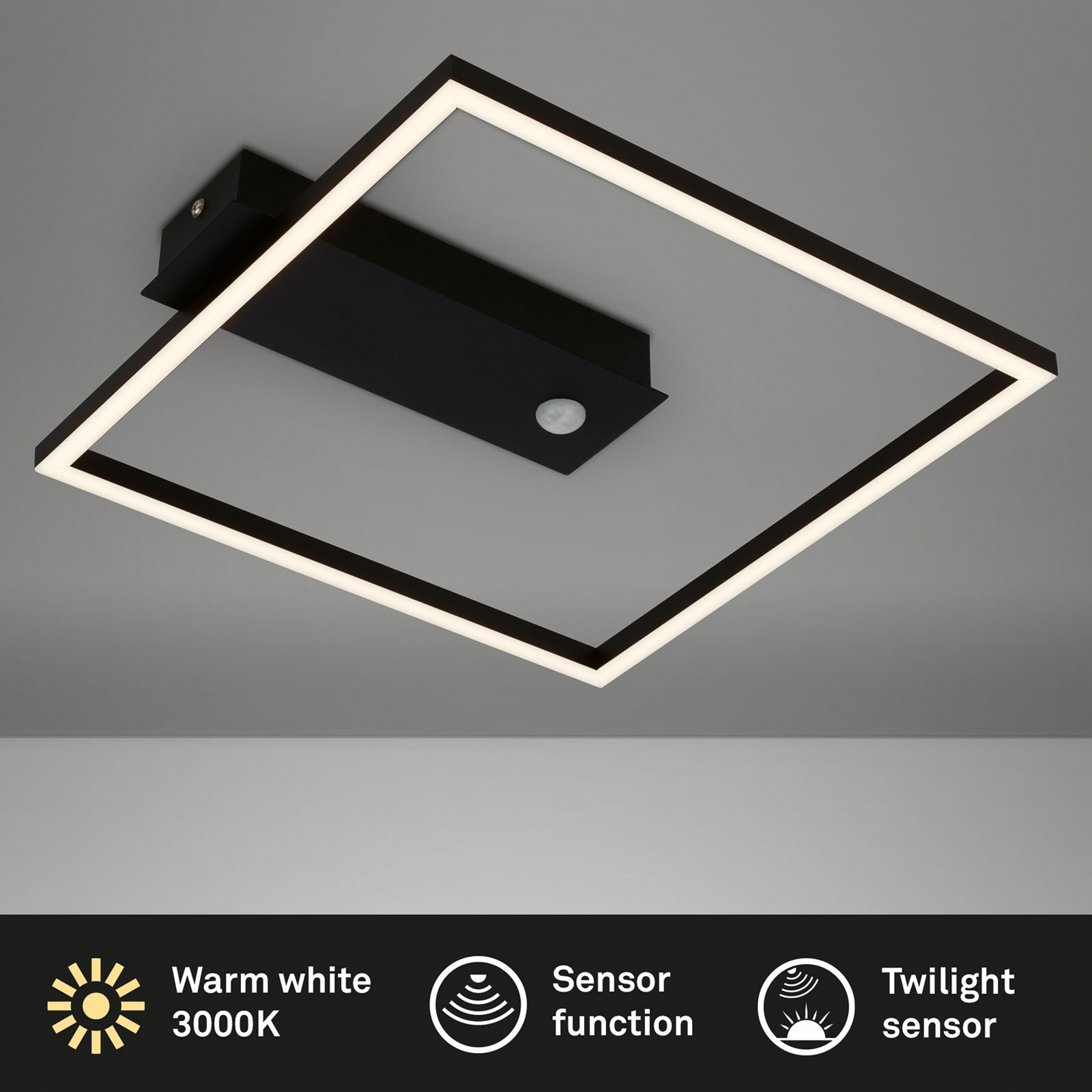 LED-Deckenleuchte Nici, schwarz, eckig, Bewegungsmelder LED-Deckenleuchte Nici, schwarz, eckig, Bewegungsmelder