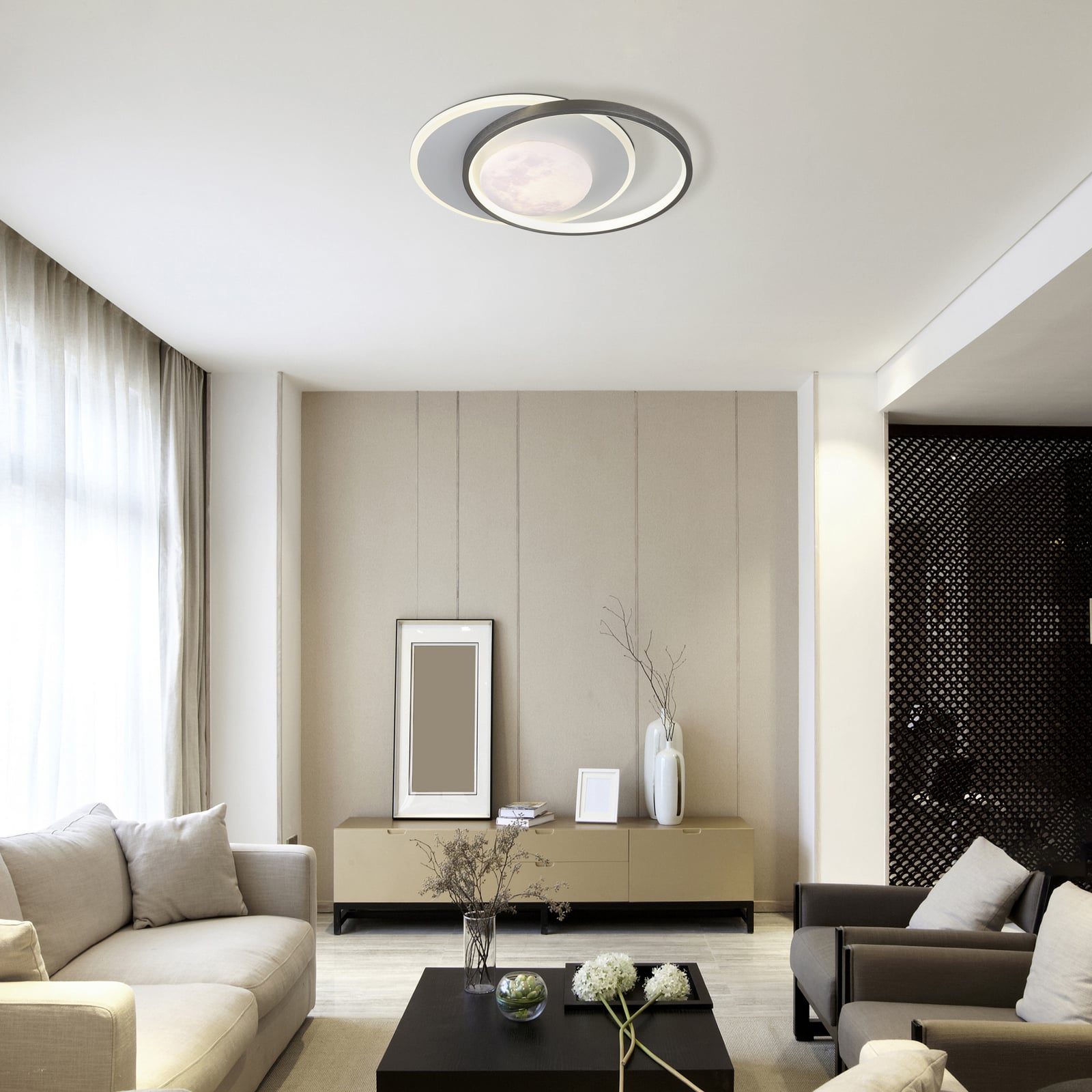 Candeeiro de teto LED Moon, preta/cinzenta, metal, 37 cm Candeeiro de teto LED Moon, preta/cinzenta, metal, 37 cm