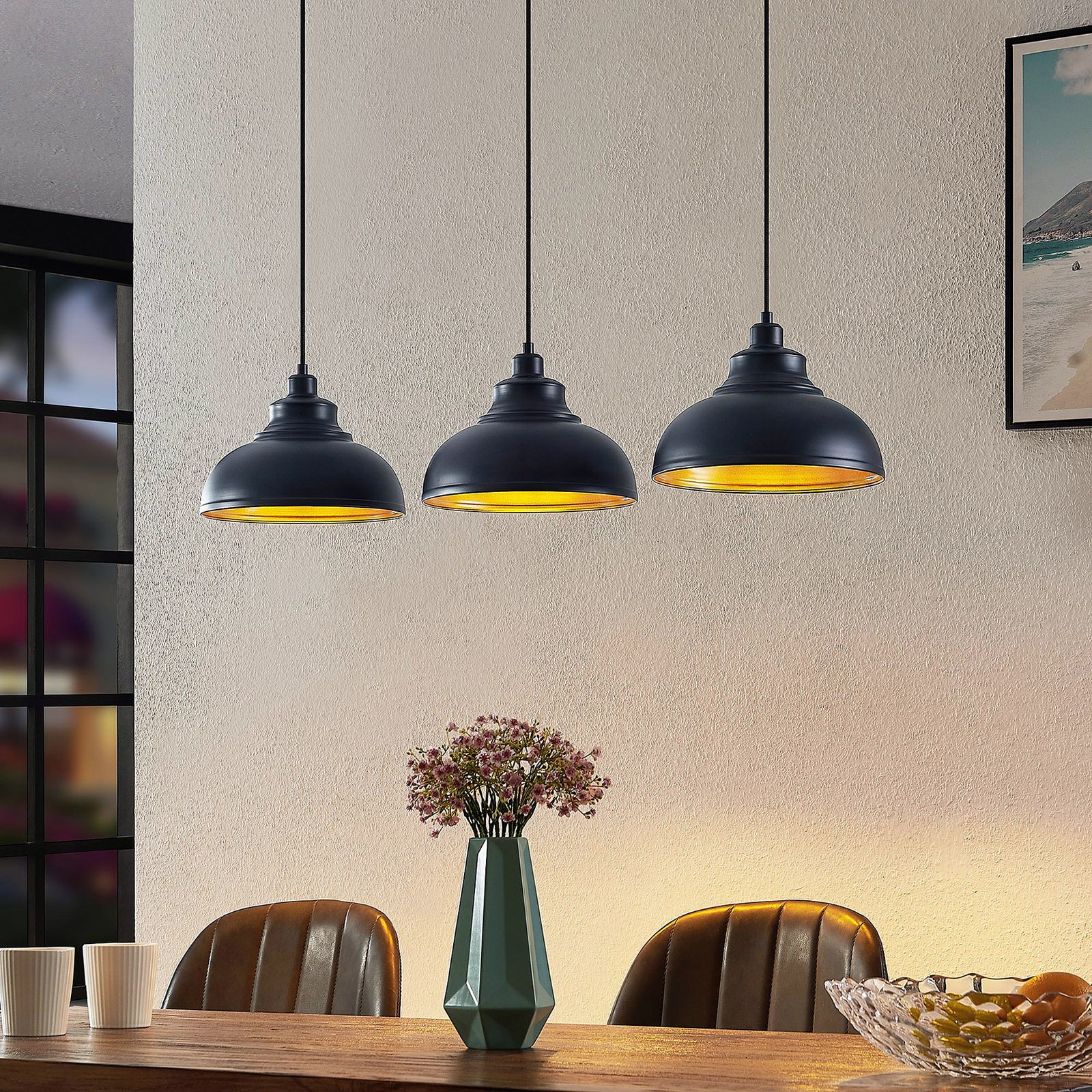 Lindby Emna hanglamp, 3-lamps, zwart-goud
