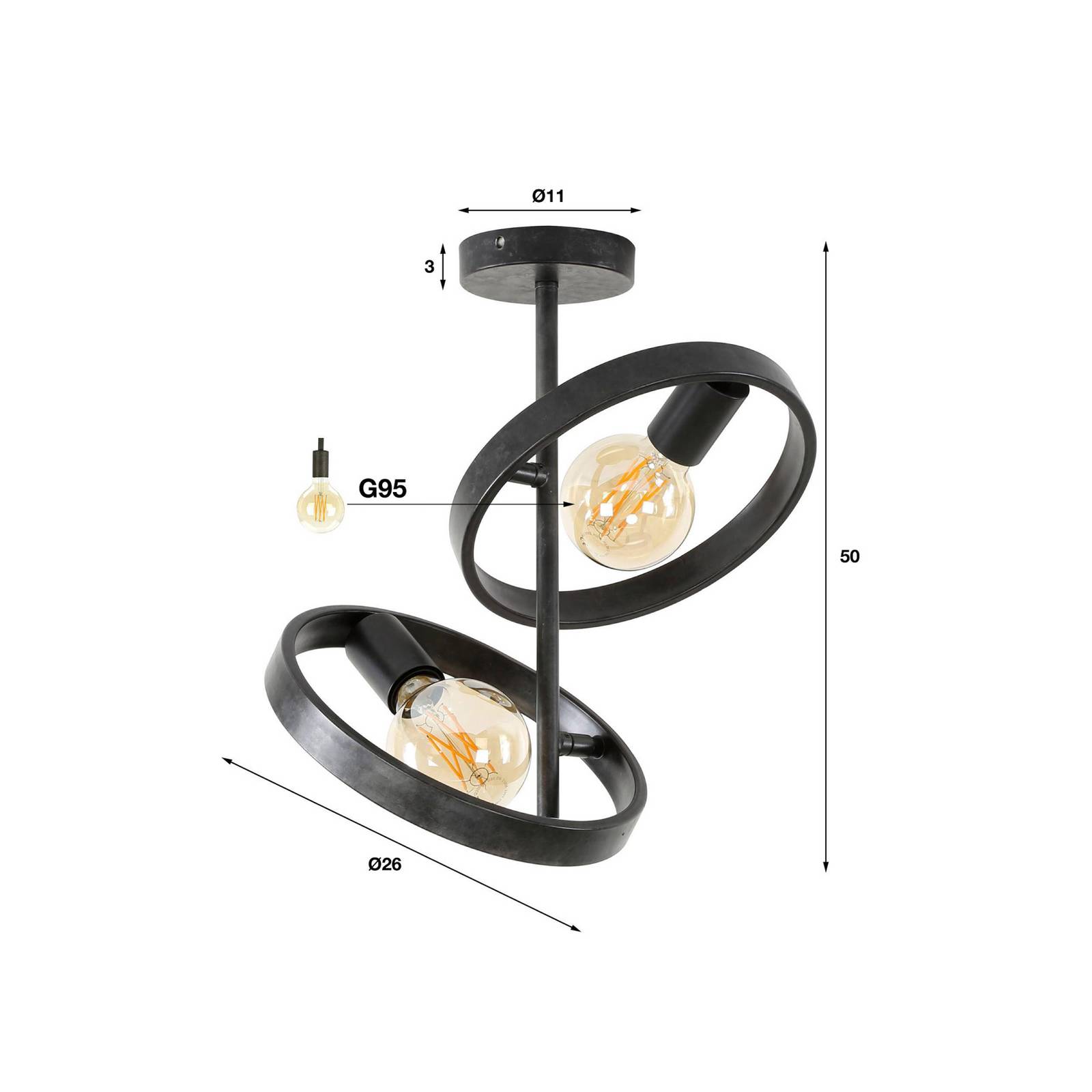 Lampa sufitowa Ringelbach, 2-punktowa, antracyt, metal, E27