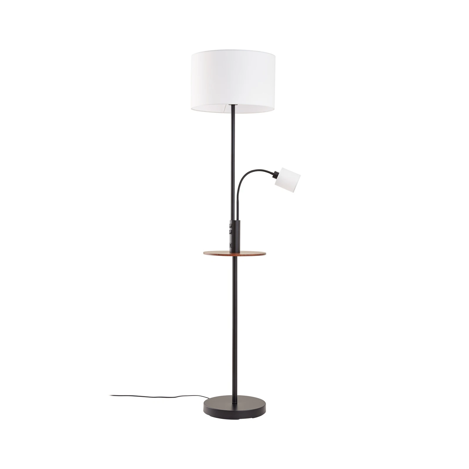 Lindby stāvlampa Aovan, melna, plaukts, USB pieslēgums