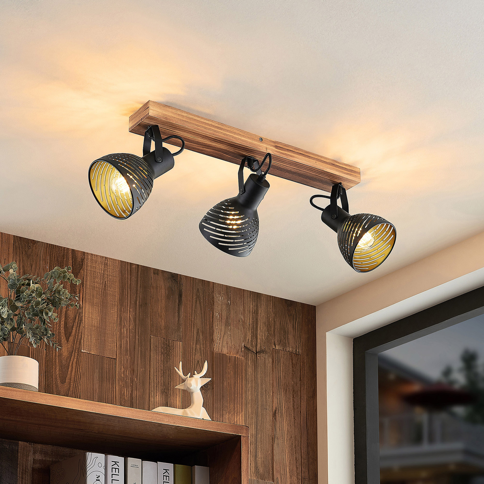Lindby Raniso ceiling spotlight rubber wood 3-bulb