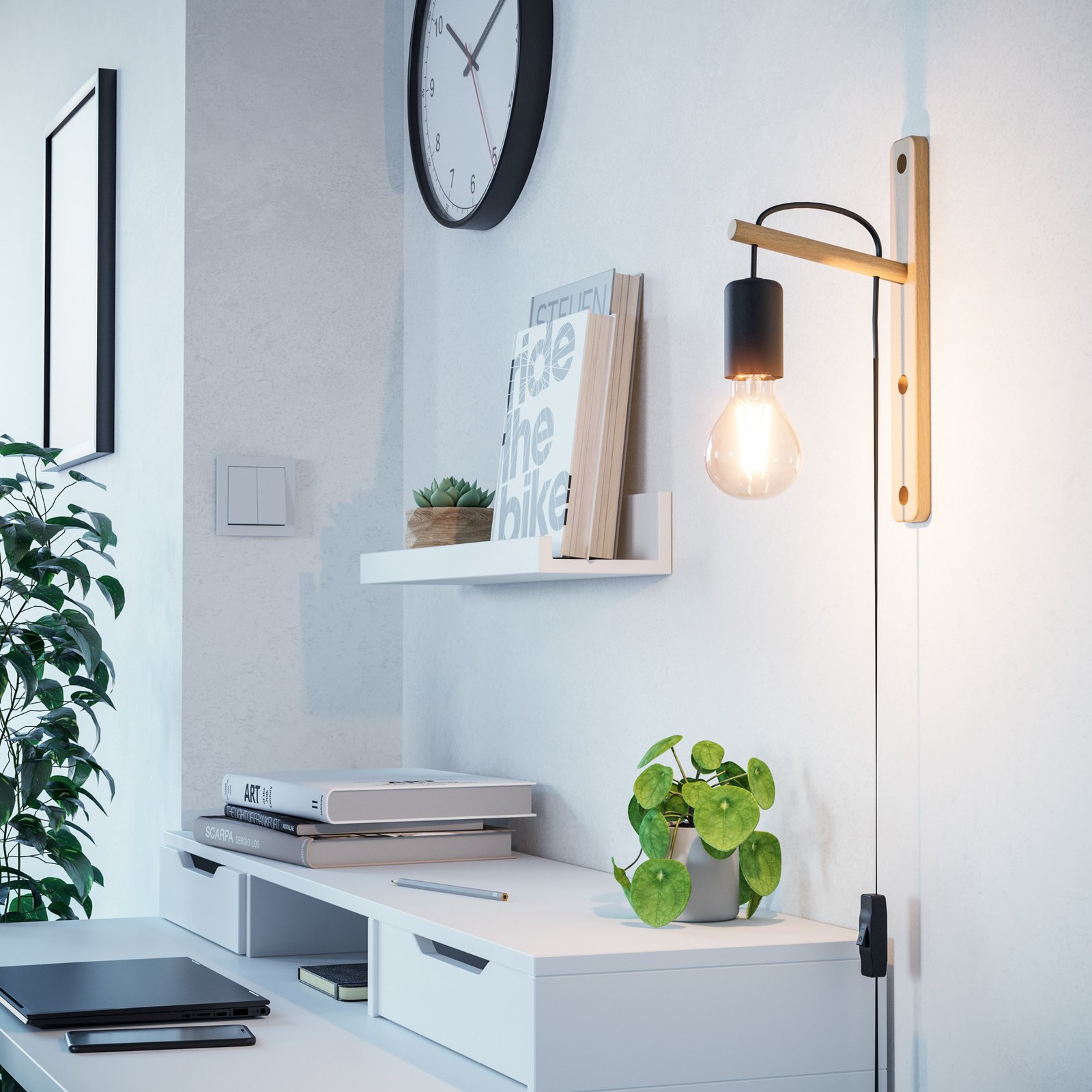 Kinkiet Pockley, wysięg 16 cm, czarny/drewno, drewno