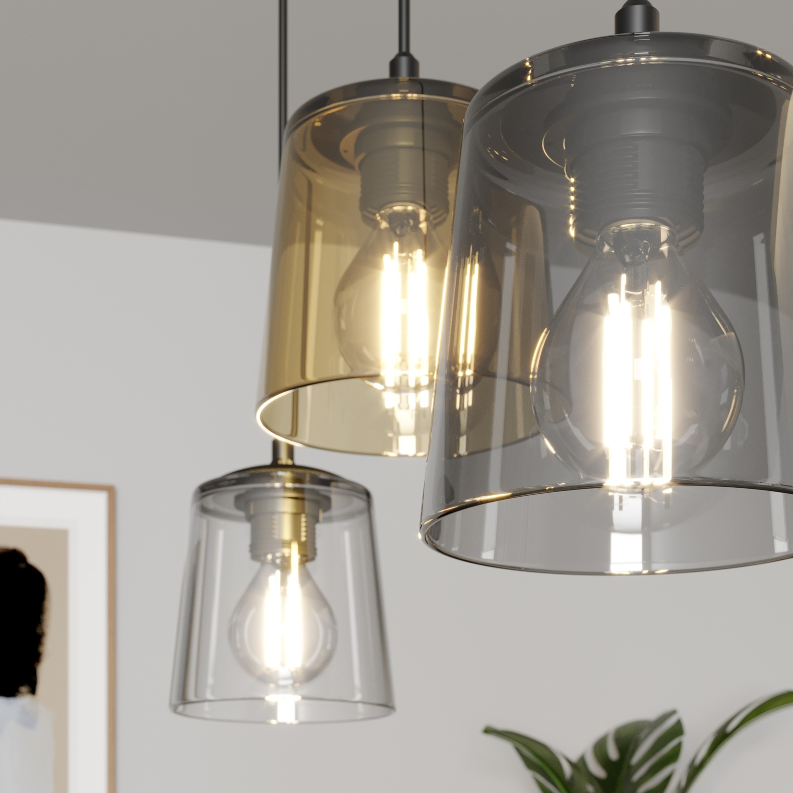 Anhengslampe Lucea med tre lys, transparent/røyk/grå
