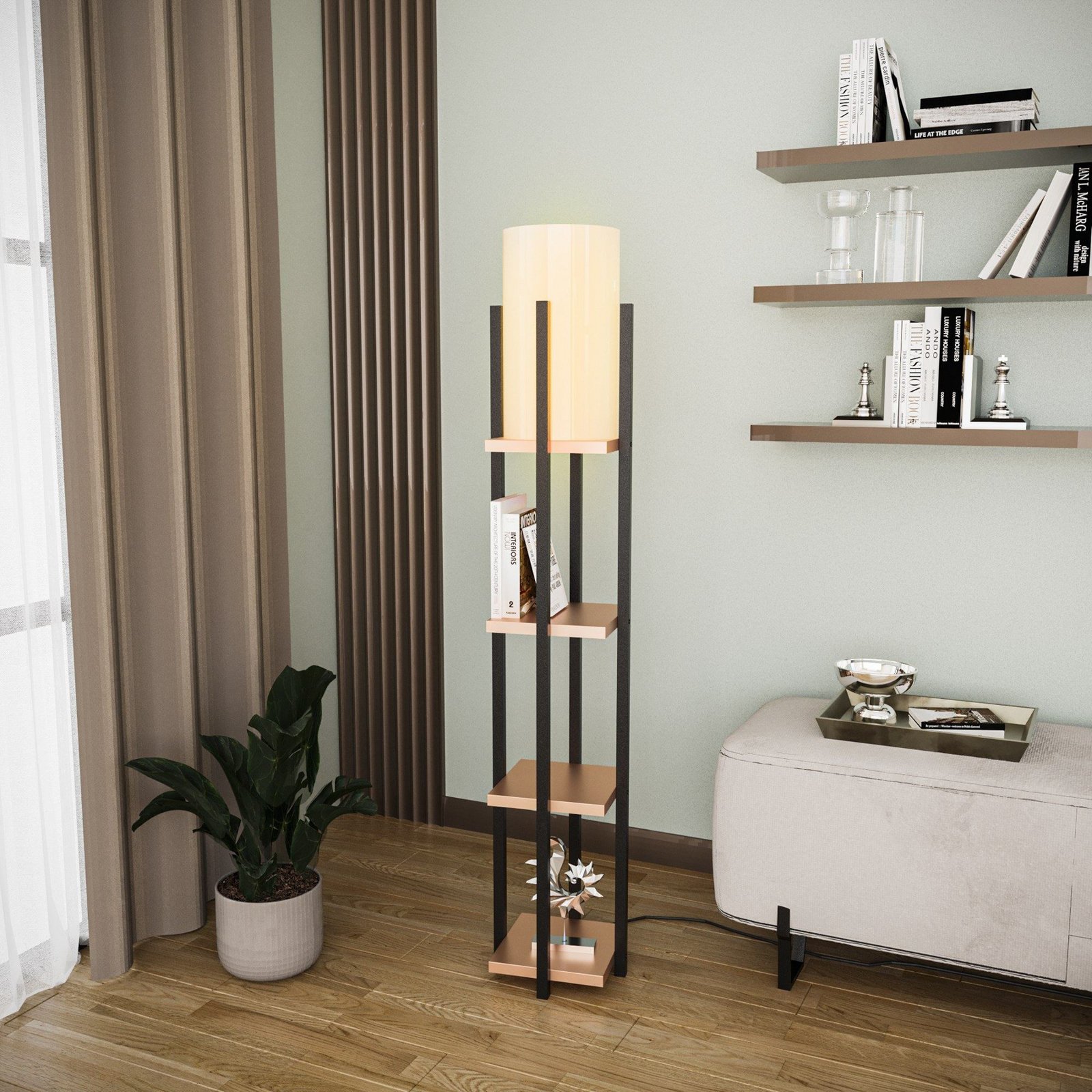 Shelf floor lamp, black/copper, fabric, height 130 cm, E27