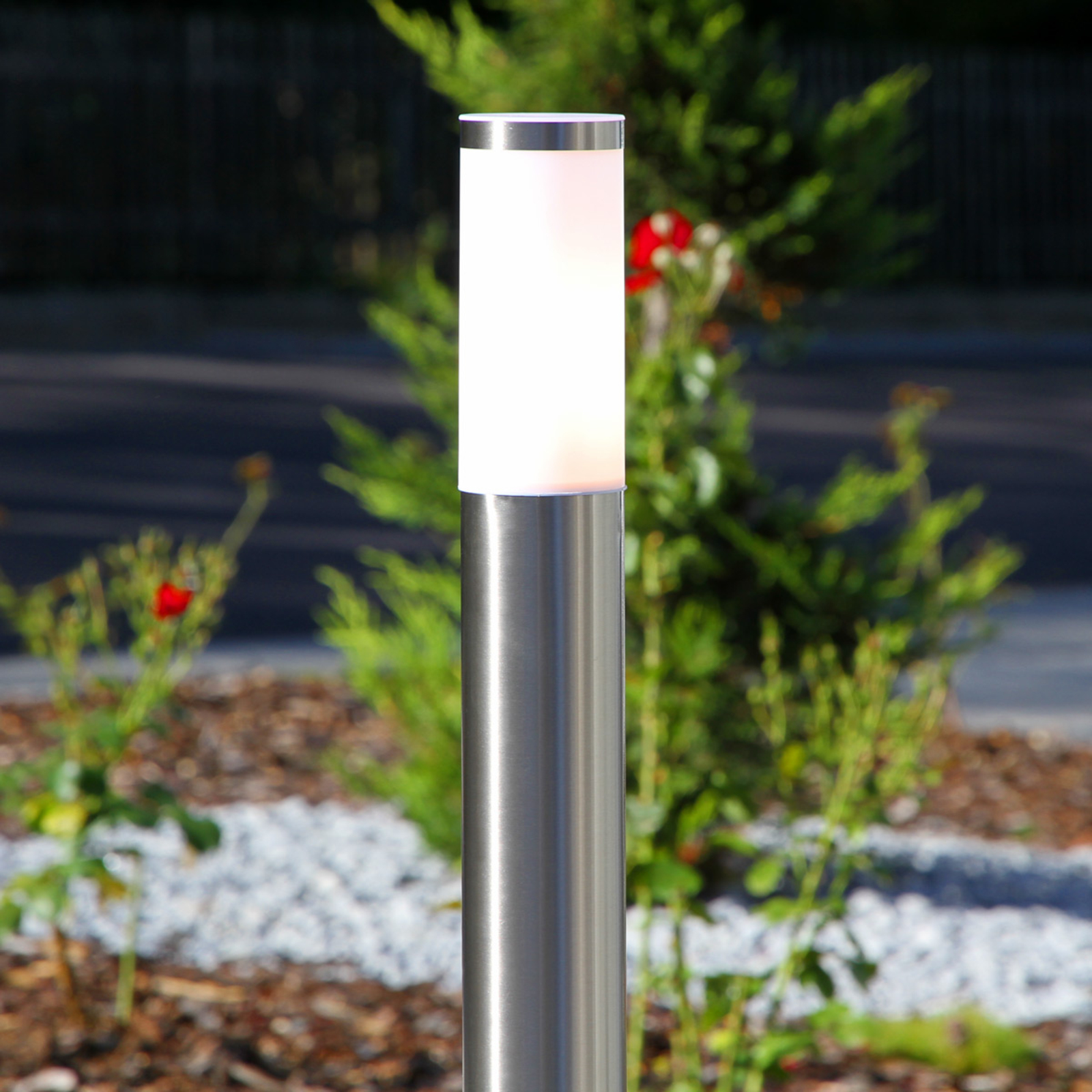 Lindby Cylindrical path lamp Kristof, stainless steel, stainless steel, polycarbonate, E27, 40 W, energy efficiency: A++, H: 110 cm