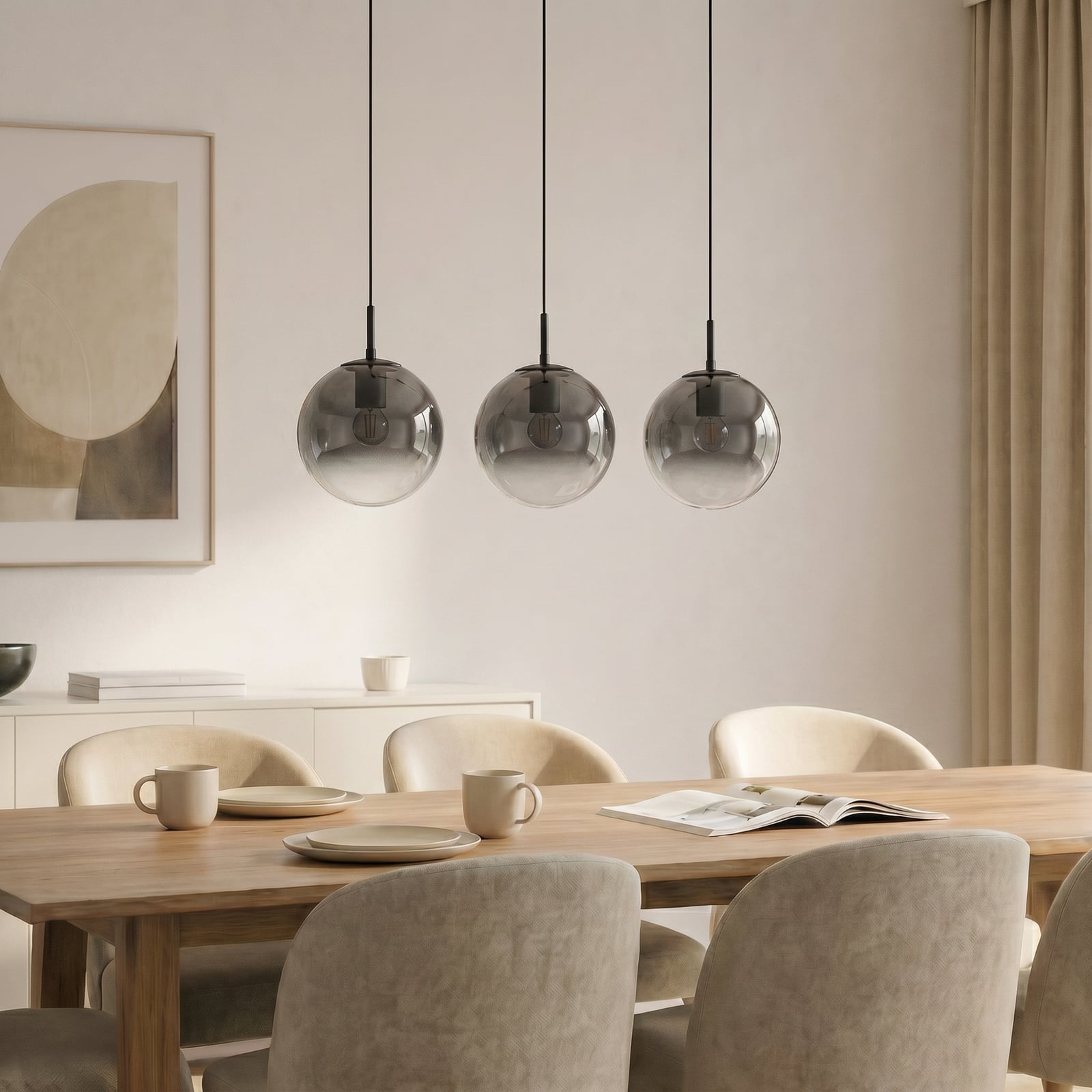 Suspension Veloura, à 3 lampes, 84 cm, verre, bois - Lucande