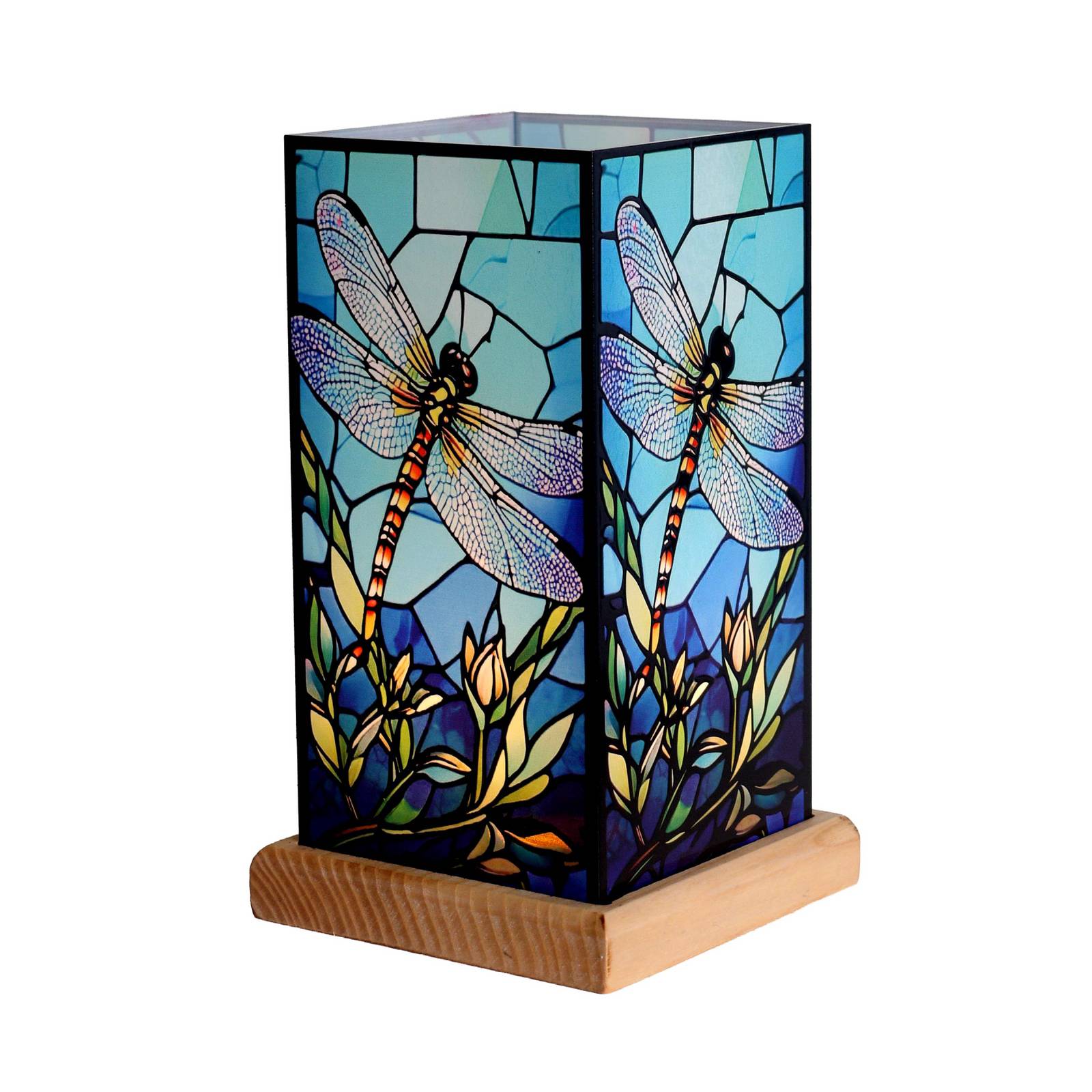 LED-Tischleuchte Art Light Libelle, Holzsockel, Acryl, bunt