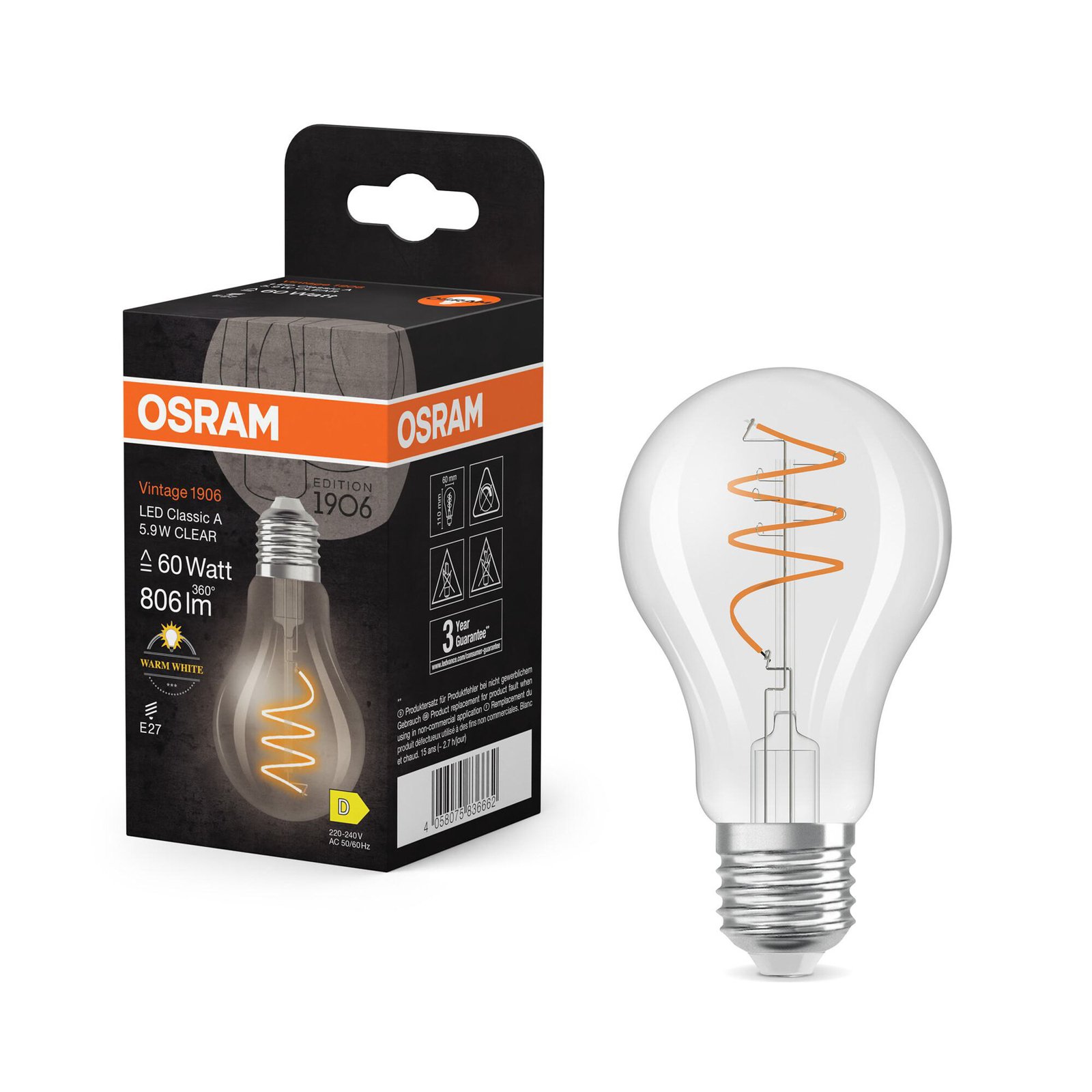 OSRAM LED Vintage E27 5,9W 2 700K Spiral Filament klar