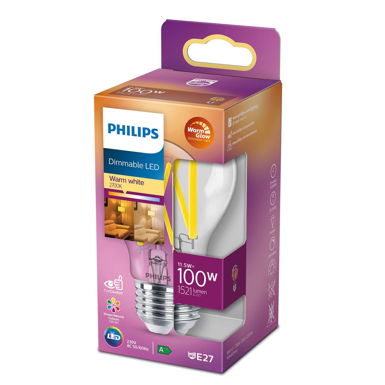 Philips LED Classic WarmGlow E27 A60 10,5 W kirkas