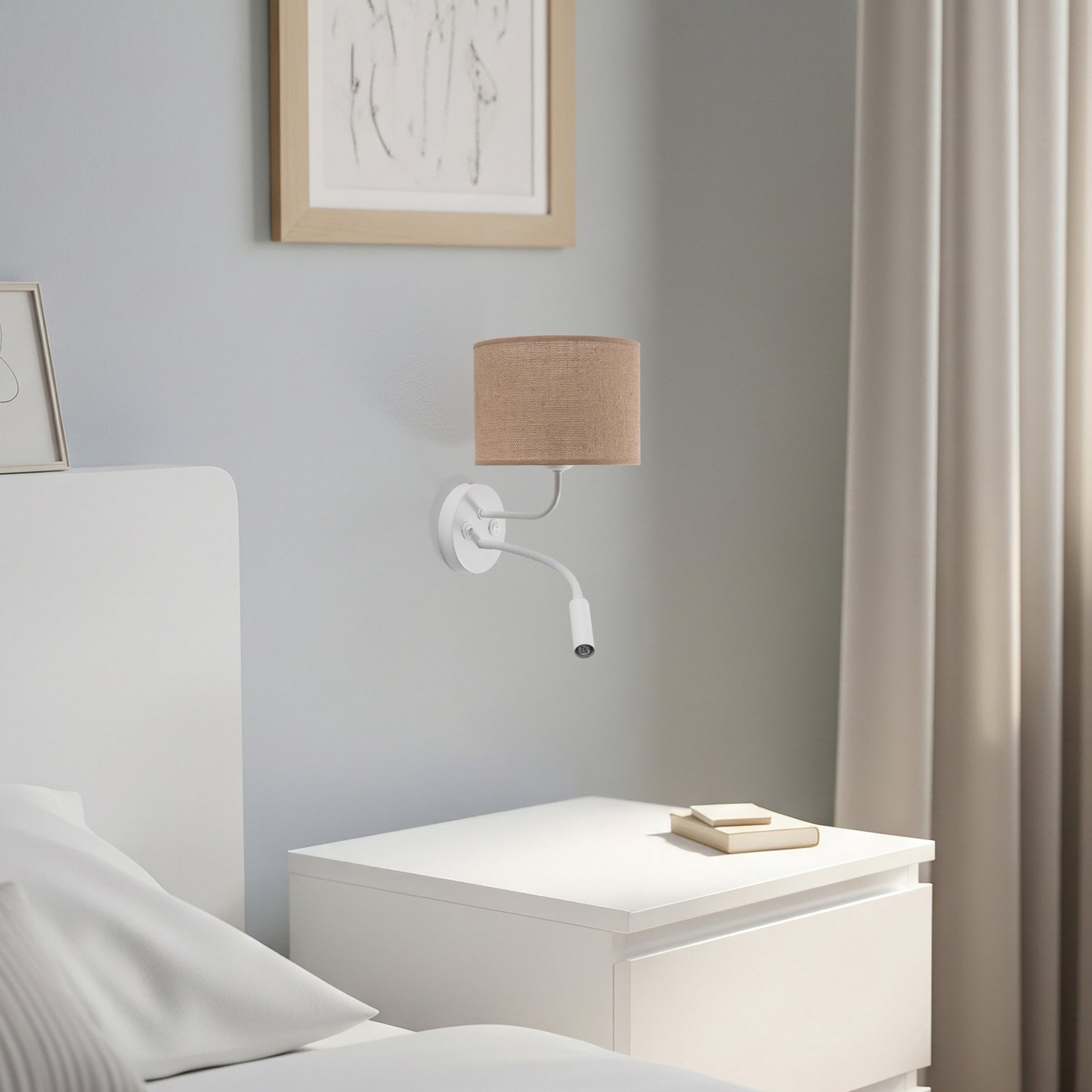 Стена лампа от юта, кафяво/бяло, плат, лампа за четене