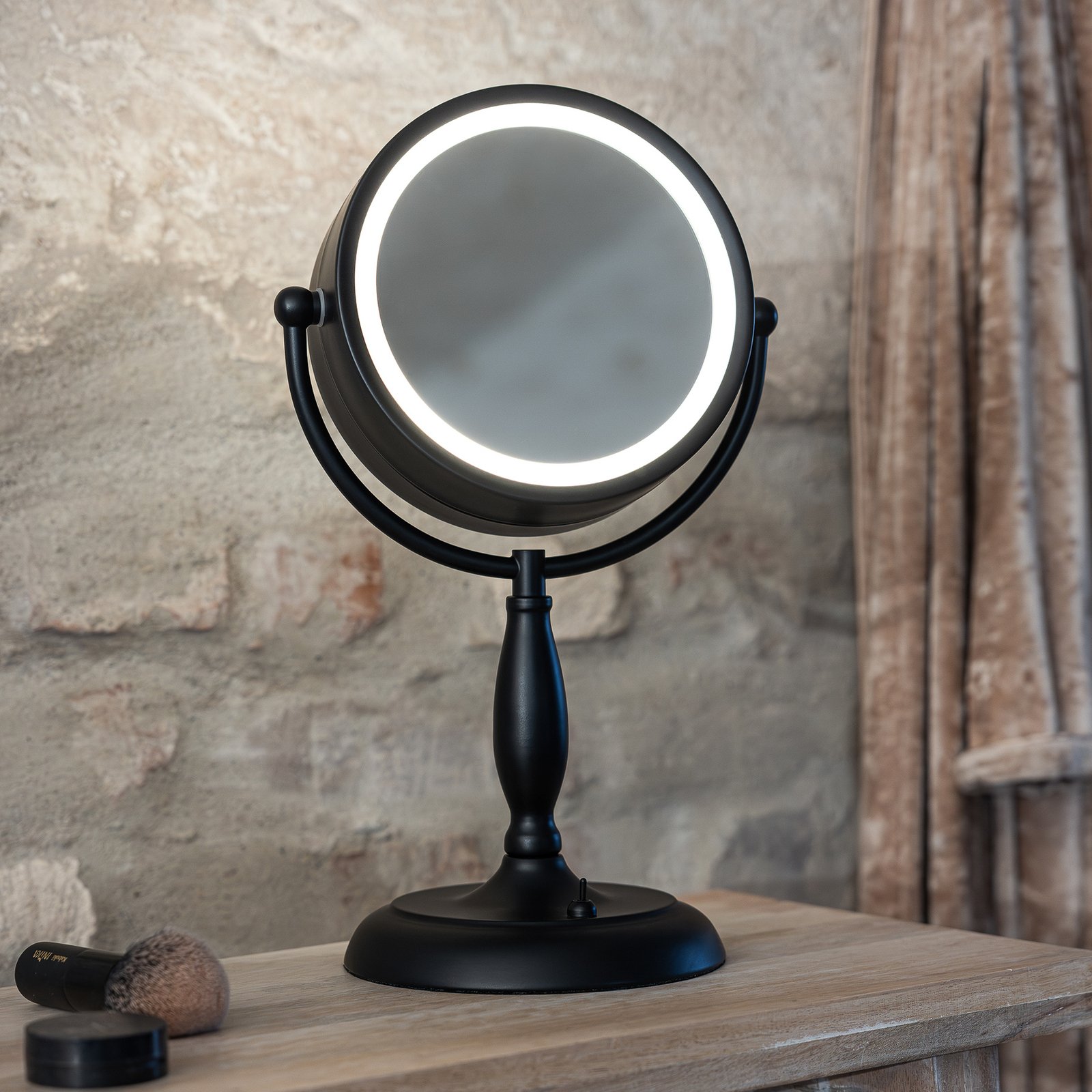 Face table mirror with light, black, metal, height 36 cm