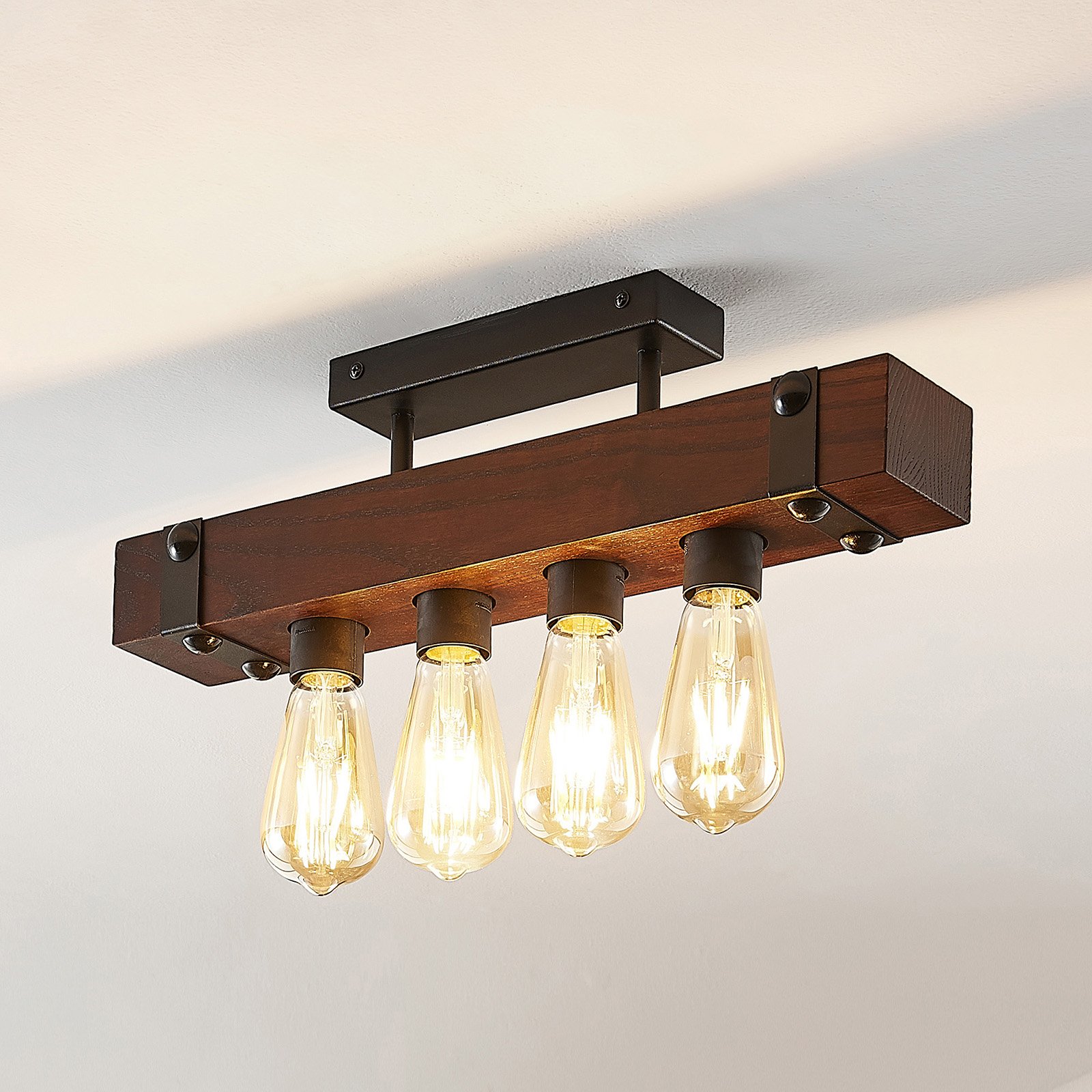 Lindby Michaela ceiling light, wooden beam, 4-bulb