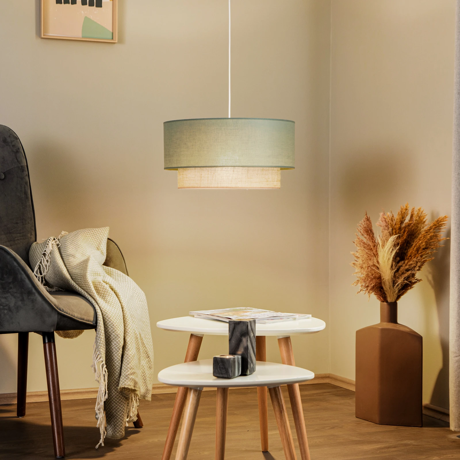 Pendelleuchte Boho, salbeigrün/braun, Ø 45 cm, Textil