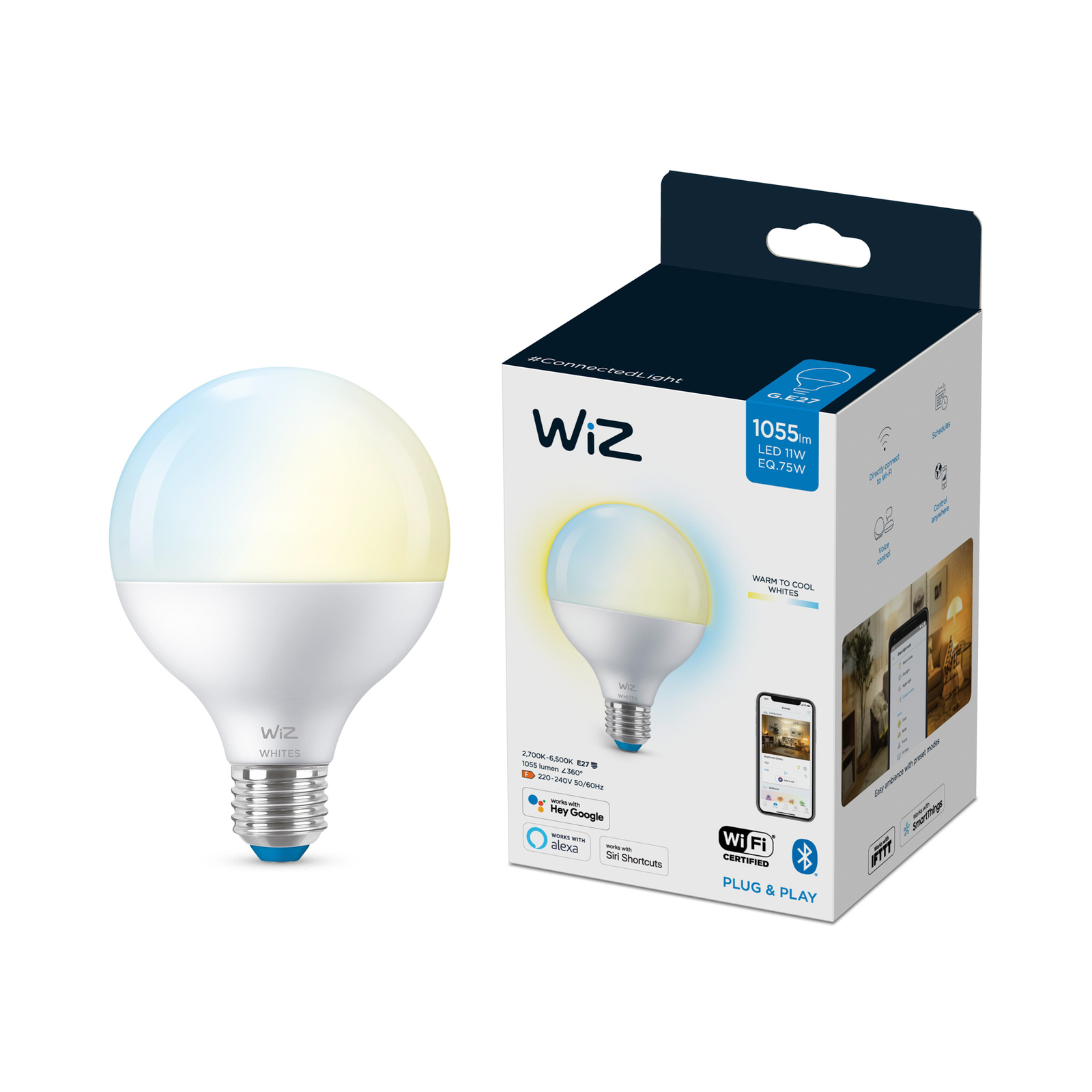 WiZ G95 LED bulb E27 11 W globe matt CCT