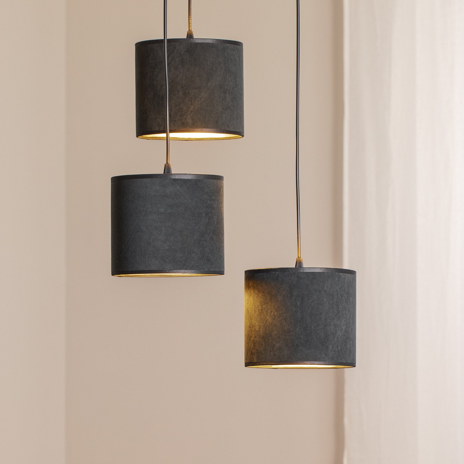 EMIBIG LIGHTING Lampă suspendată Jari abajur din pânză 3 becuri rotundă negru-auriu - Camera de zi / sufragerie - negru auriu - Țesătură / Textil